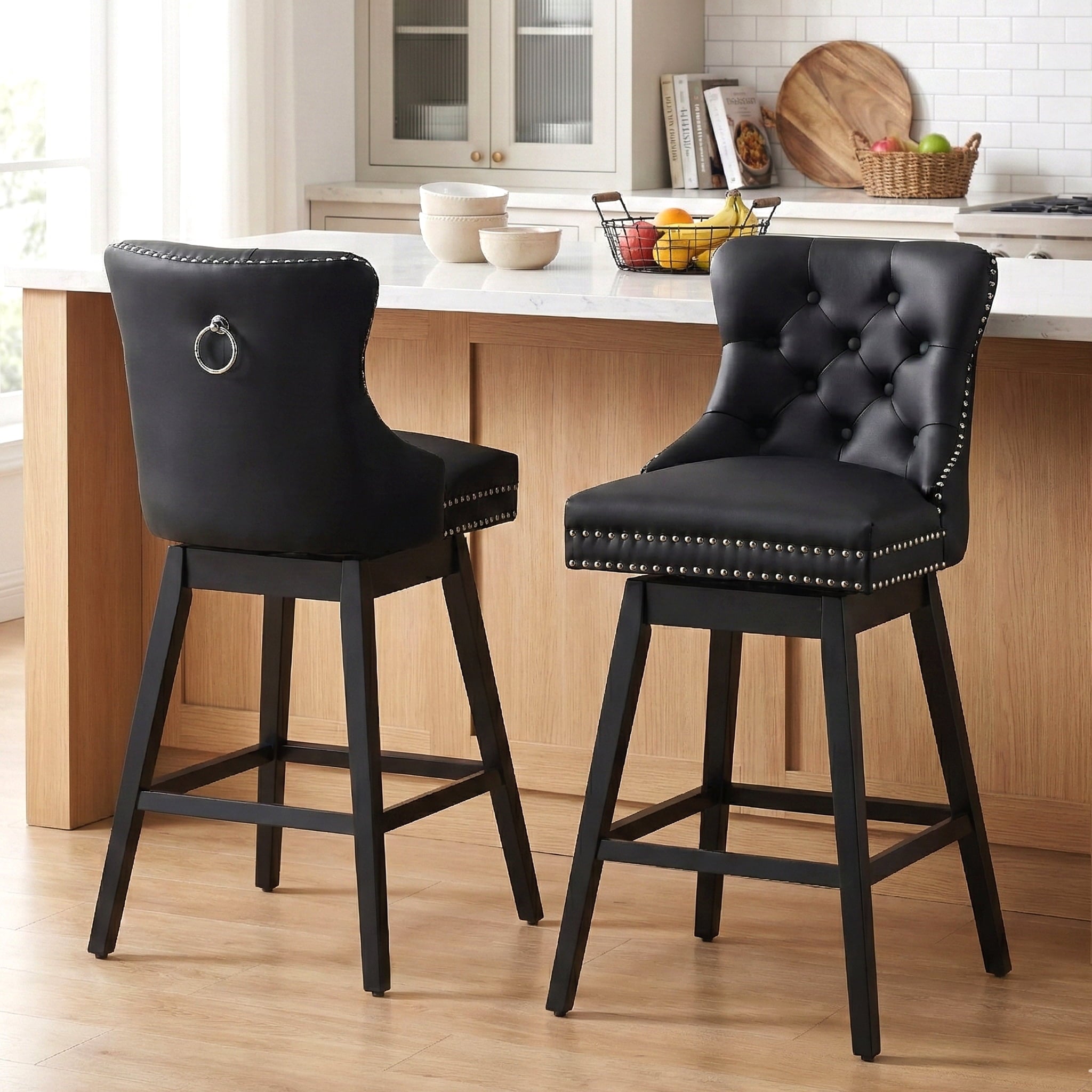 Fahomiss Swivel Bar Stools Counter Height Set of 2, 26" Faux Leather Kitchen Island Chairs with Back, Black