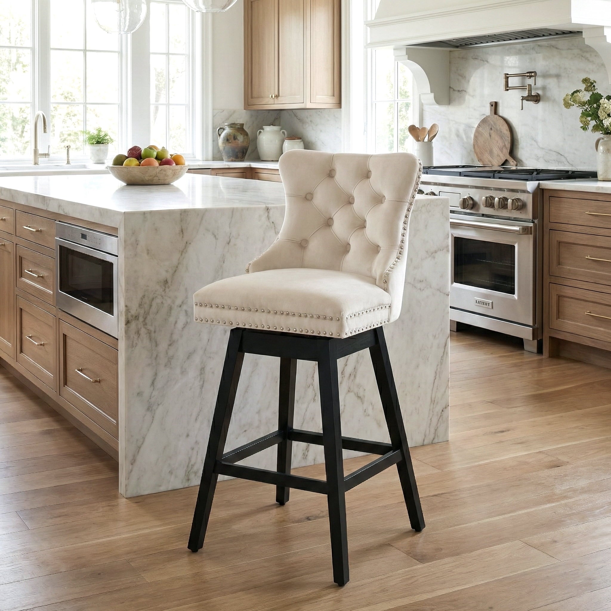 Fahomiss 30" Swivel Bar Stools, Beige Velvet Bar Height Chairs with Back for Home Pub