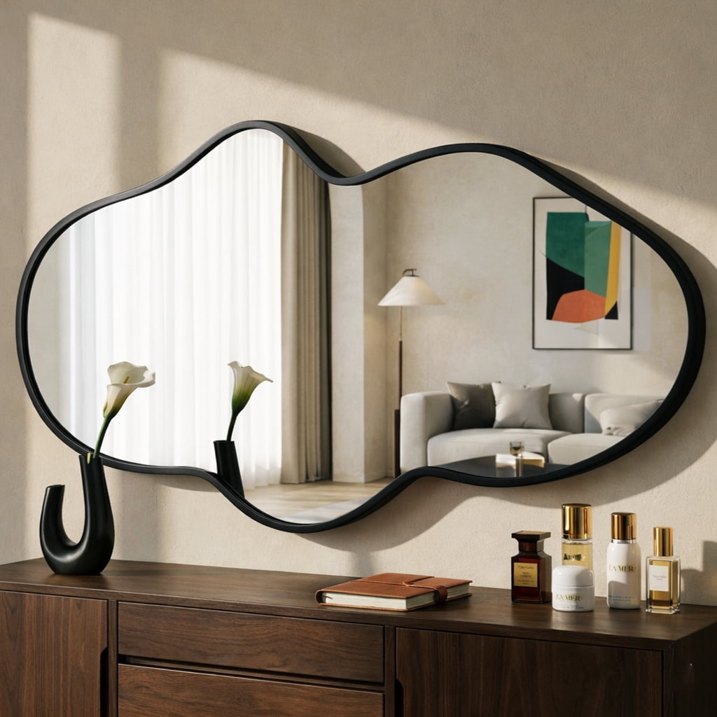 Fahomiss 26"x43" Irregular Wall Mirror, Black Fluid Asymmetrical Mirror for Bathroom Vanity