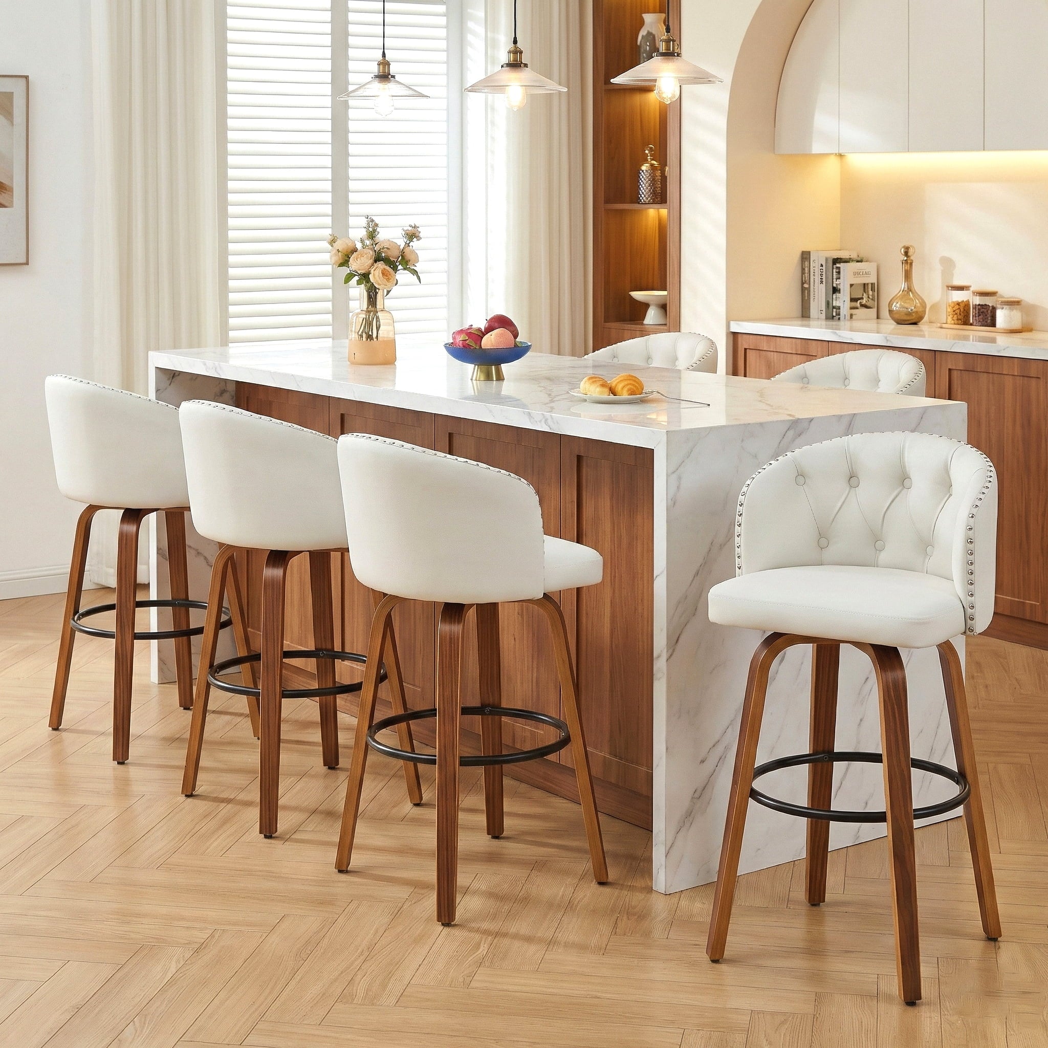 Fahomiss 28" Swivel Bar Height Bar Stools Set of 6, White Leather Farmhouse Chairs with Back