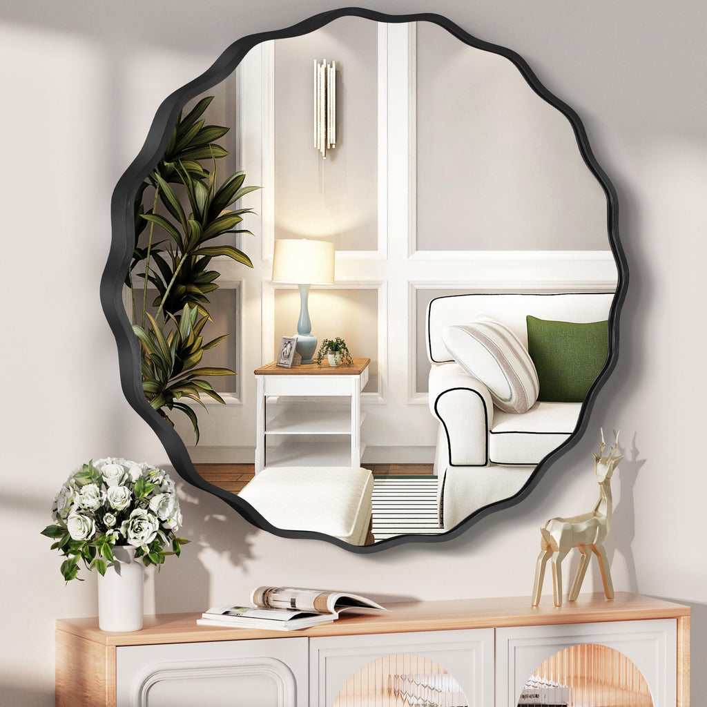 Fahomiss 24" Modern Wavy Round Mirror, Bathroom Wall Decor Mirror with Metal Frame & Hanging Hooks, Wall Mounted Vanity Mirror for Bath, Living Room, Entryway, Black