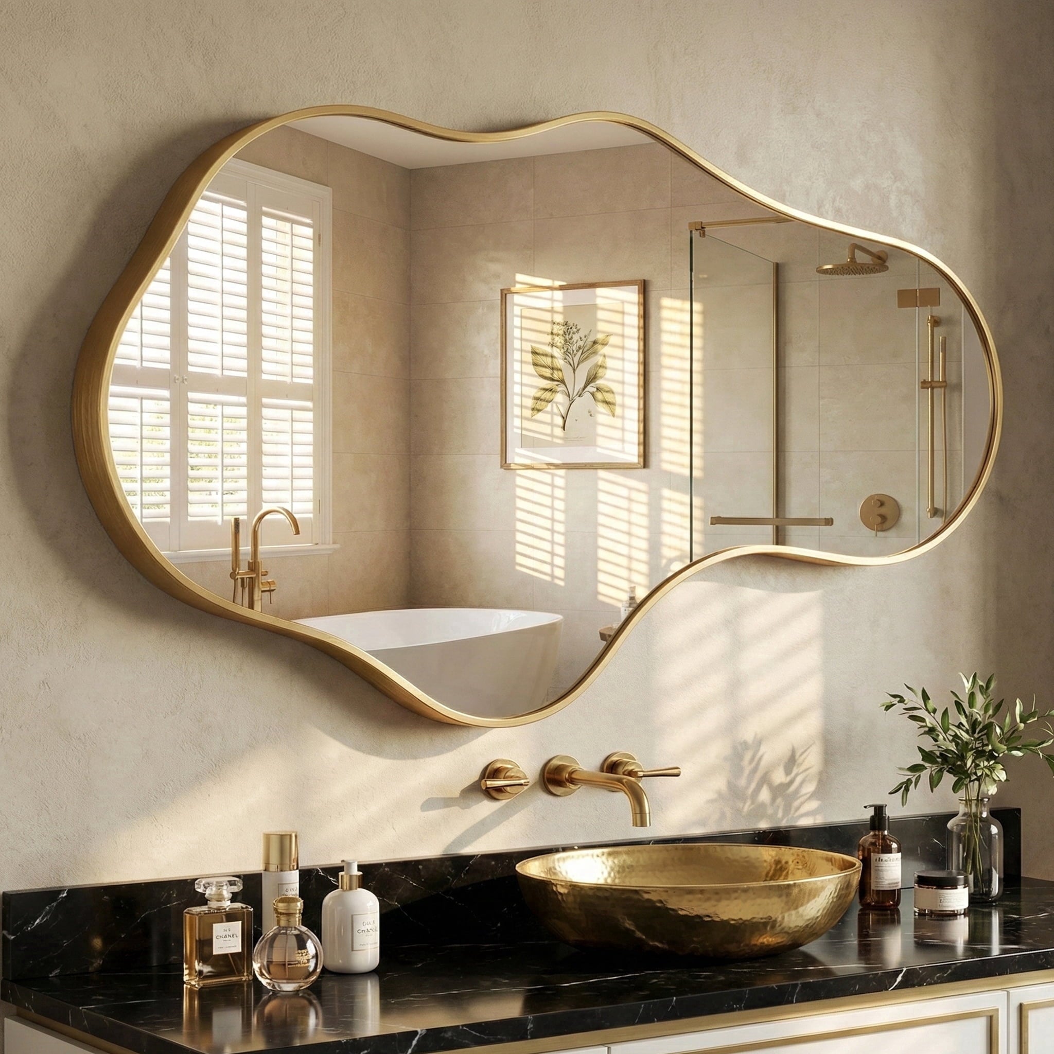 Fahomiss 26"x43" Irregular Wall Mirror, Gold Asymmetrical Organic Bathroom Mirror for Vanity