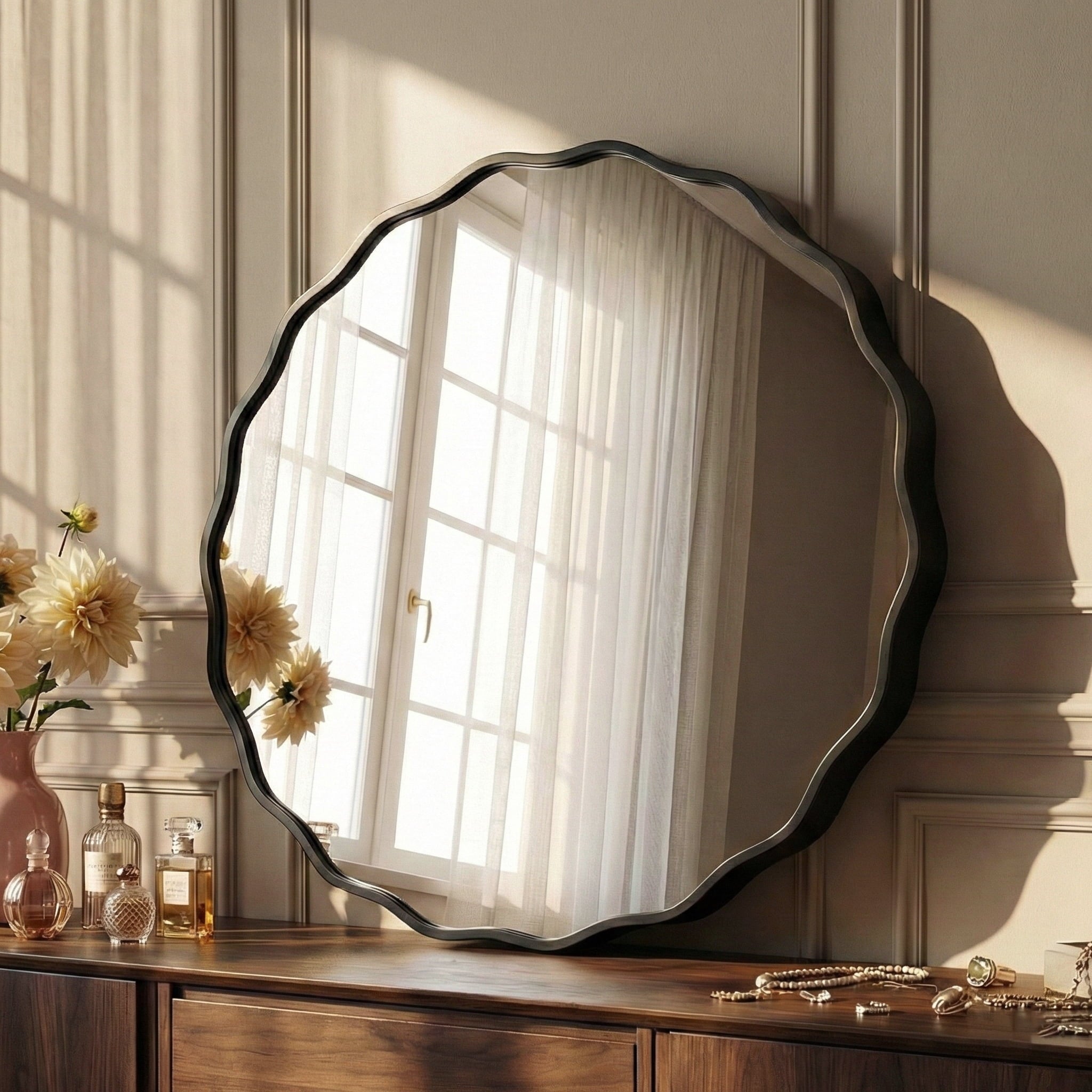 Fahomiss 24" Round Mirror, Black Wall Mirror with Wavy Frame for Bathroom Vanity