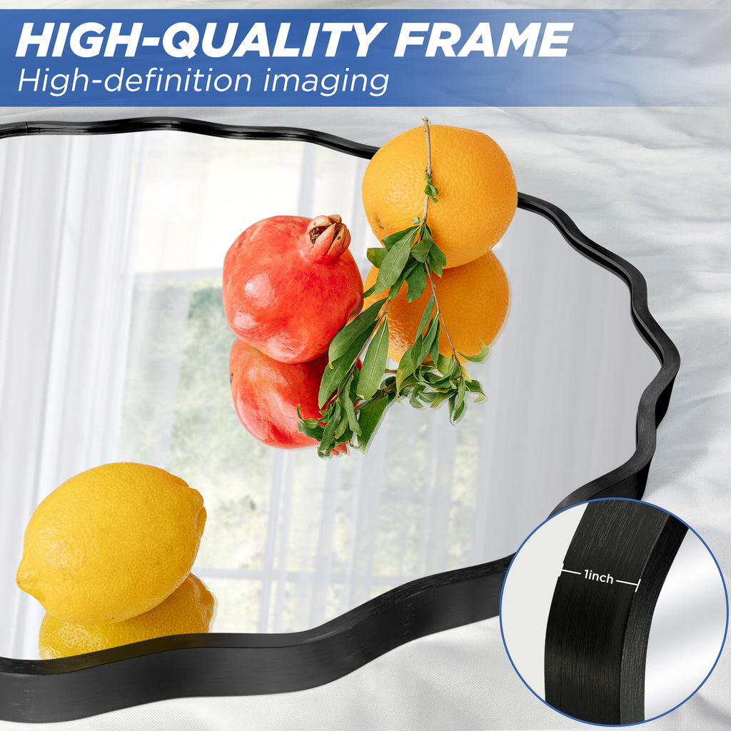 Fahomiss 24" Modern Wavy Round Mirror, Bathroom Wall Decor Mirror with Metal Frame & Hanging Hooks, Wall Mounted Vanity Mirror for Bath, Living Room, Entryway, Black