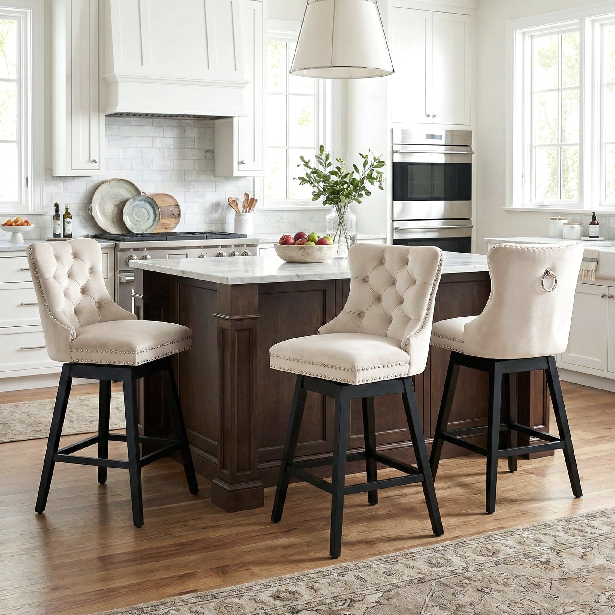 Fahomiss 26" Counter Height Swivel Bar Stools Set of 3, Beige Velvet Kitchen Island Chairs with Back