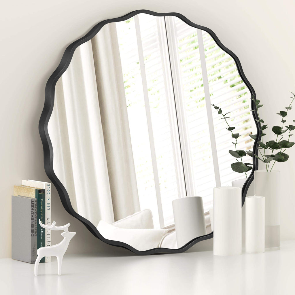 Fahomiss 24" Modern Wavy Round Mirror, Bathroom Wall Decor Mirror with Metal Frame & Hanging Hooks, Wall Mounted Vanity Mirror for Bath, Living Room, Entryway, Black