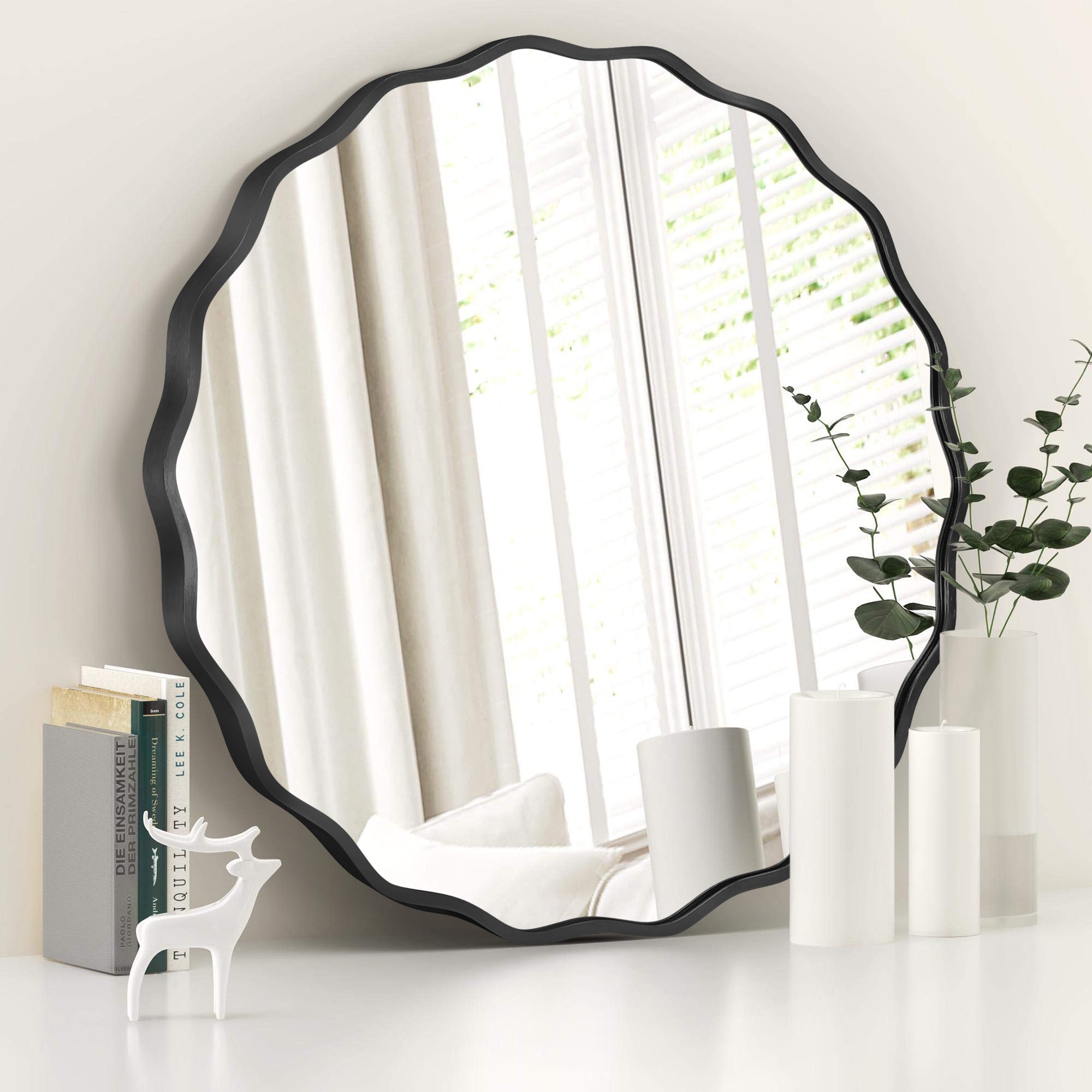 Fahomiss 24" Modern Wavy Round Mirror, Bathroom Wall Decor Mirror with Metal Frame & Hanging Hooks, Wall Mounted Vanity Mirror for Bath, Living Room, Entryway, Black