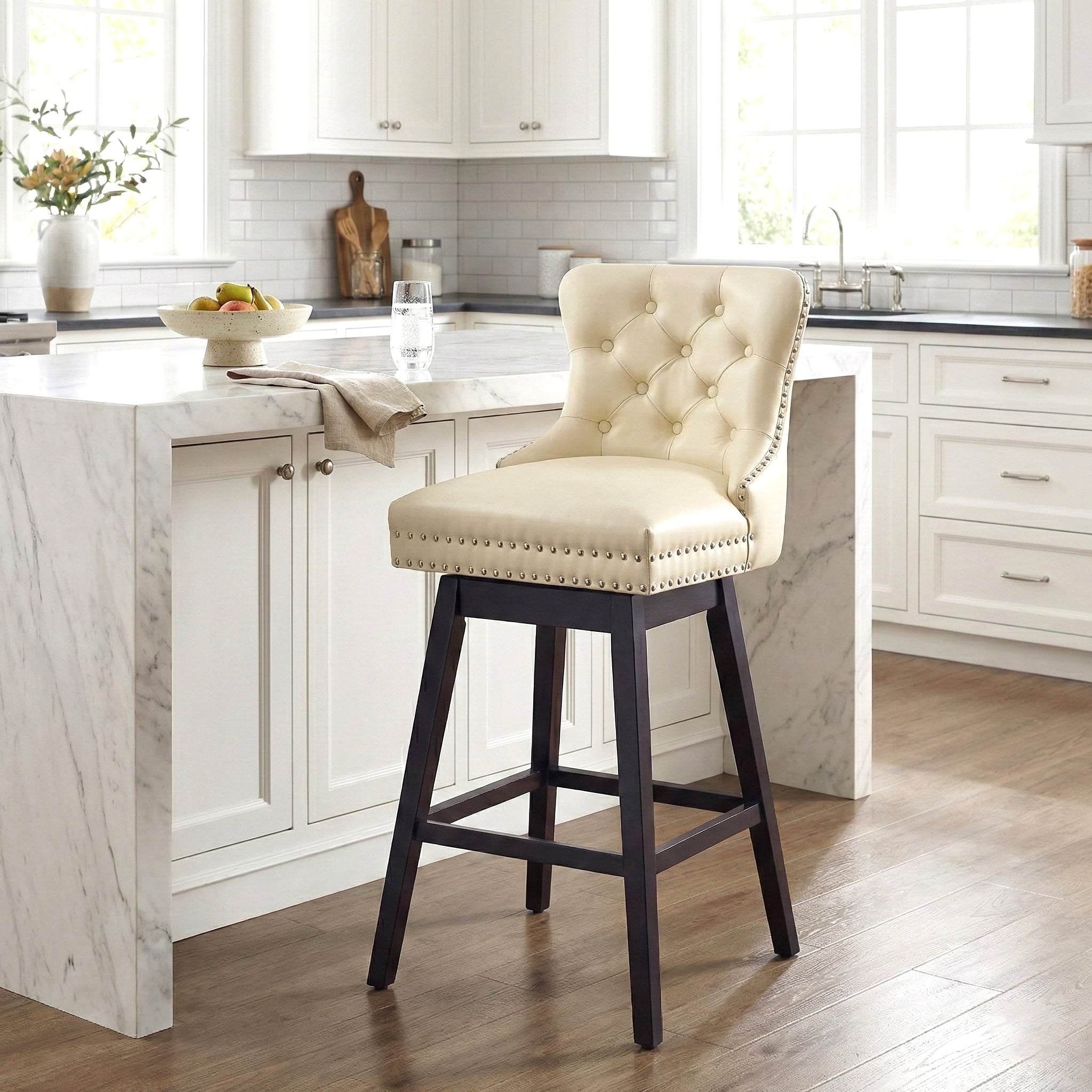 Fahomiss Swivel Bar Stools, 30" Bar Height Faux Leather Chairs with Back for Home Bar, Beige