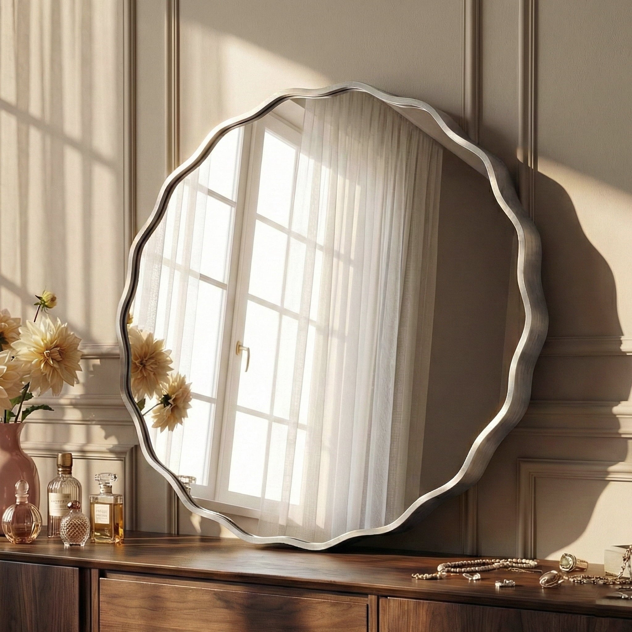 Fahomiss 24" Round Mirror, Silver Wall Mirror with Wavy Frame for Bathroom Vanity