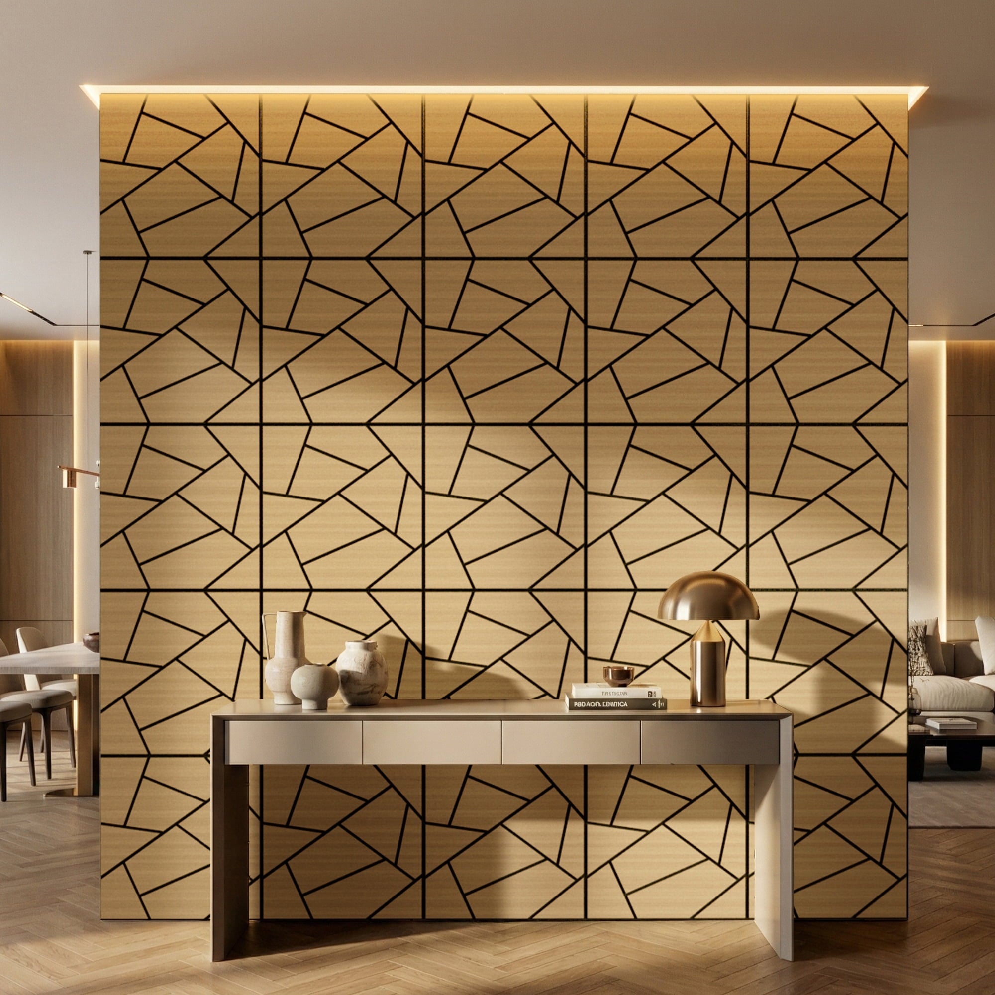 Fahomiss Abstract Geometric Acoustic Wood Slat Wall Tiles 4-Pack 24"x24", 3D Panel, Walnut