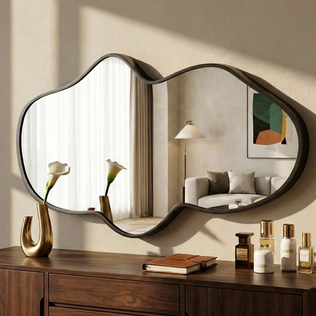 Fahomiss 22"x36" Irregular Wall Mirror, Black Fluid Asymmetrical Mirror for Bathroom Vanity