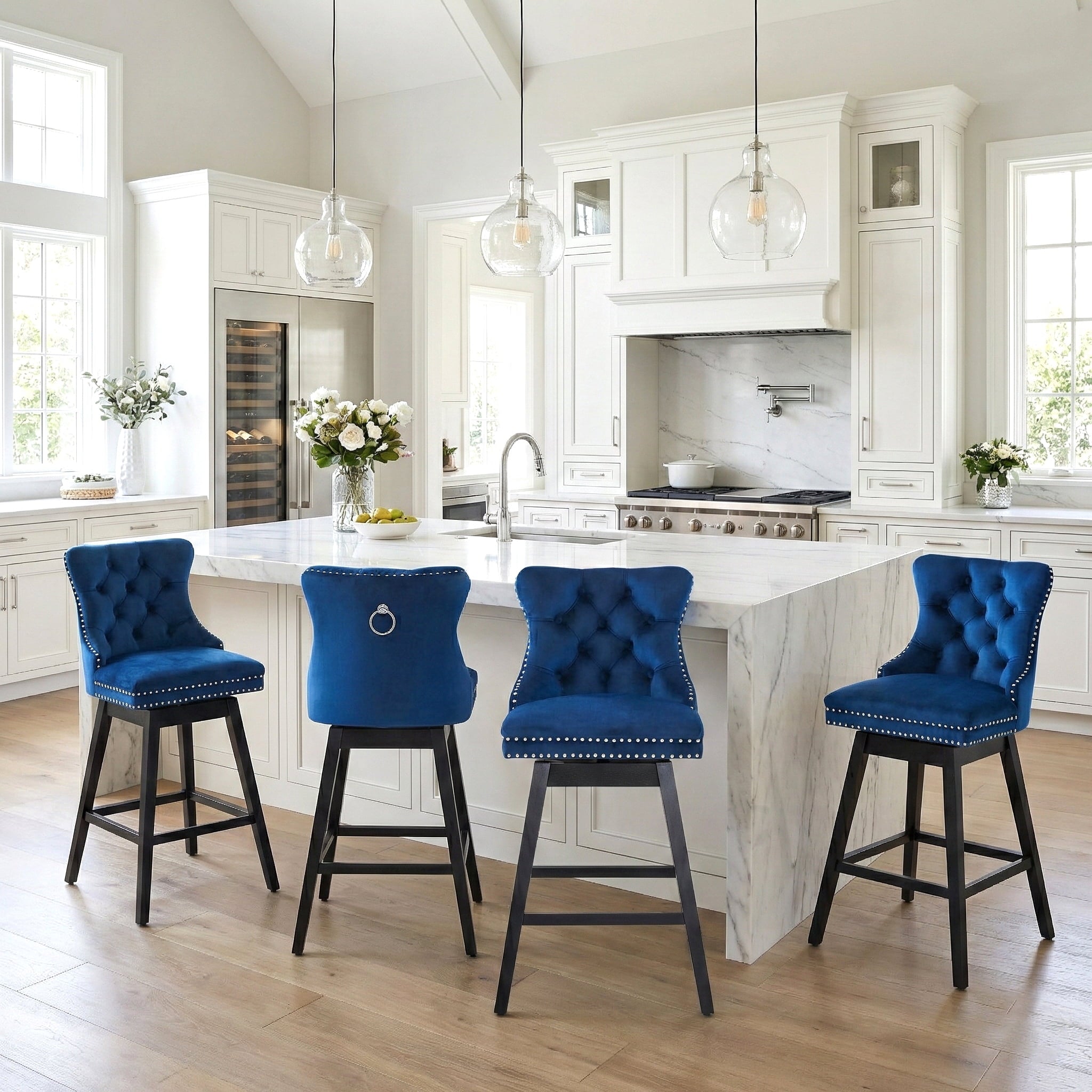 Fahomiss 26" Counter Height Swivel Bar Stools Set of 4, Blue Velvet Kitchen Island Chairs with Back