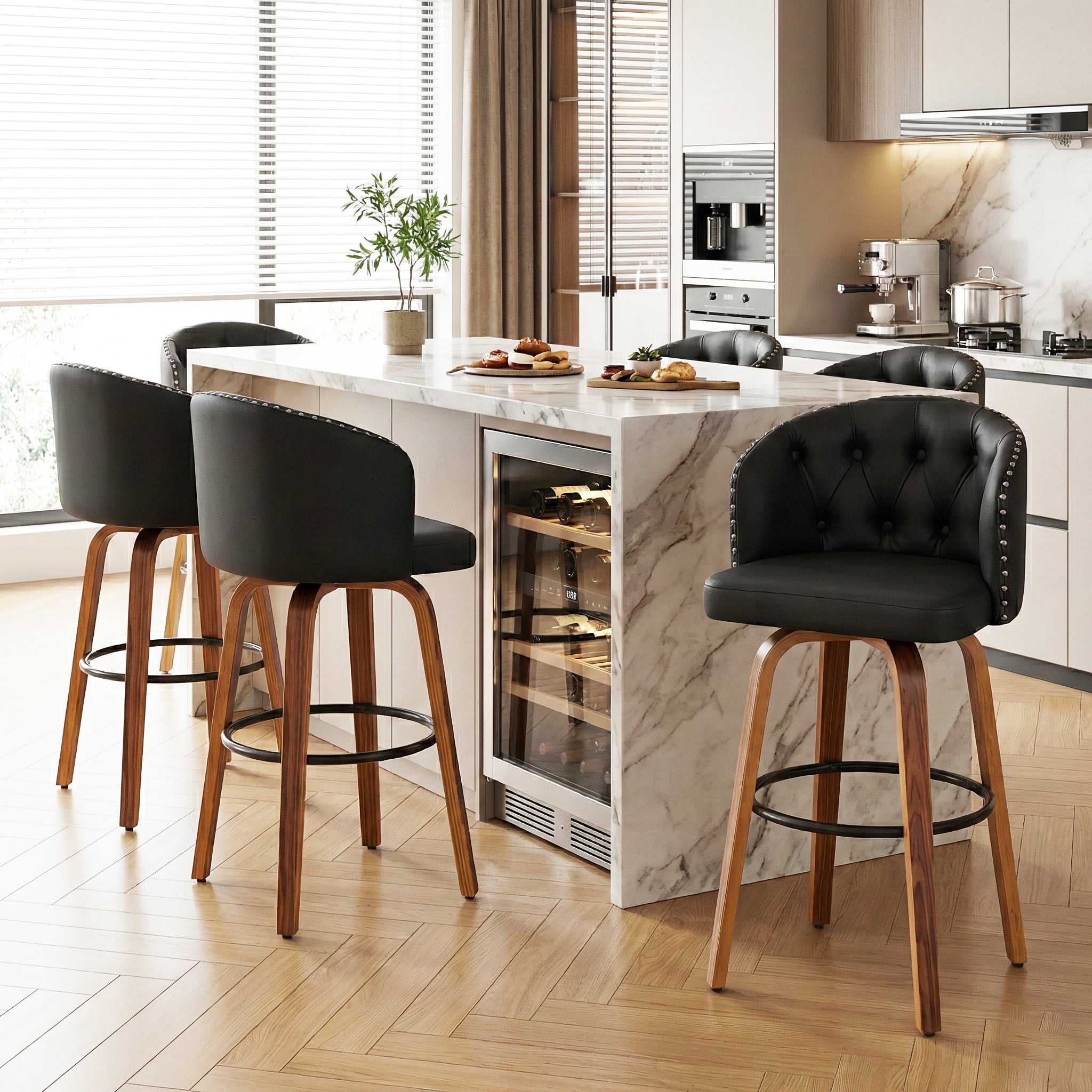 Fahomiss 26" Swivel Counter Height Bar Stools Set of 6, Black Leather Farmhouse Kitchen Stools