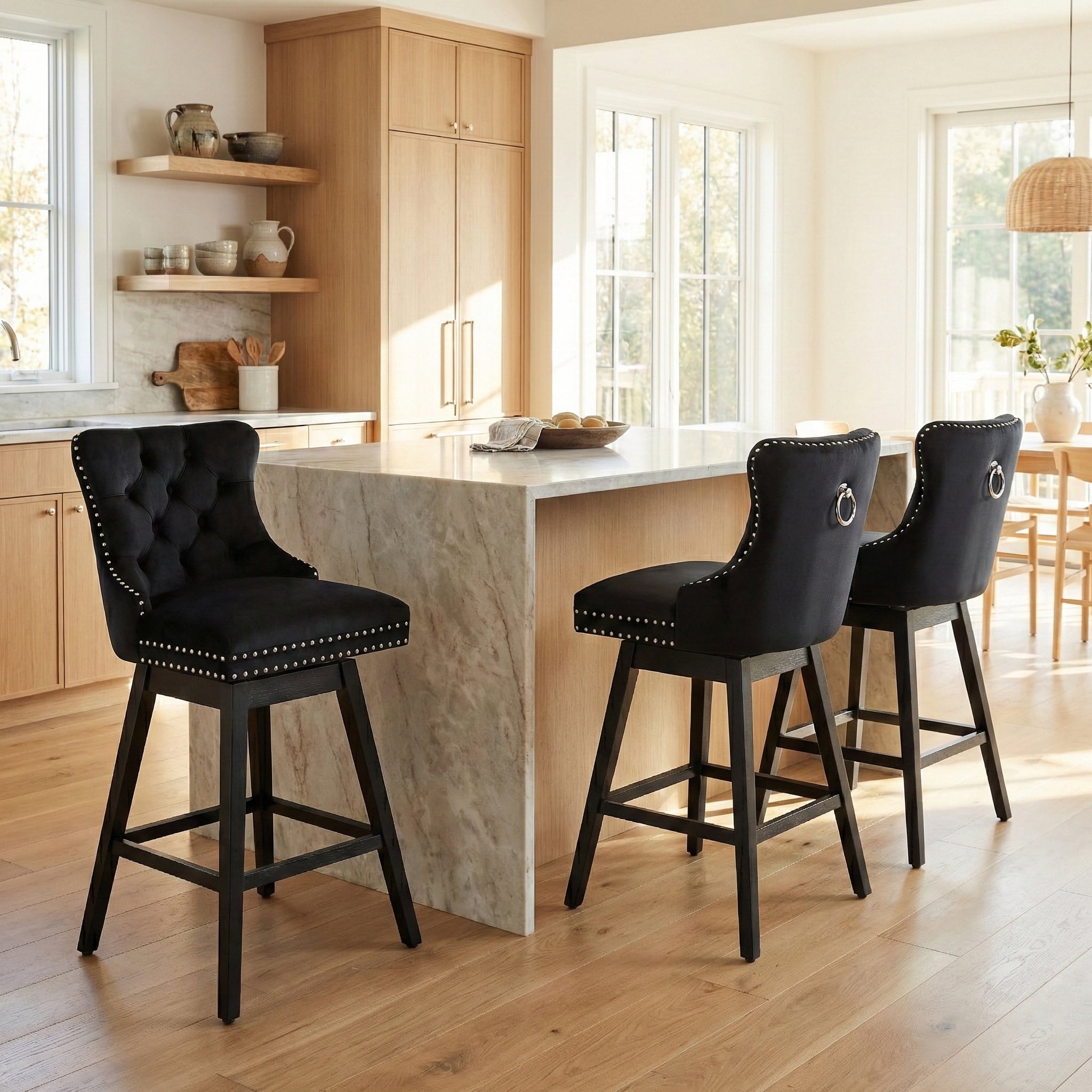 Fahomiss 26" Counter Height Swivel Bar Stools Set of 3, Black Velvet Kitchen Island Chairs with Back