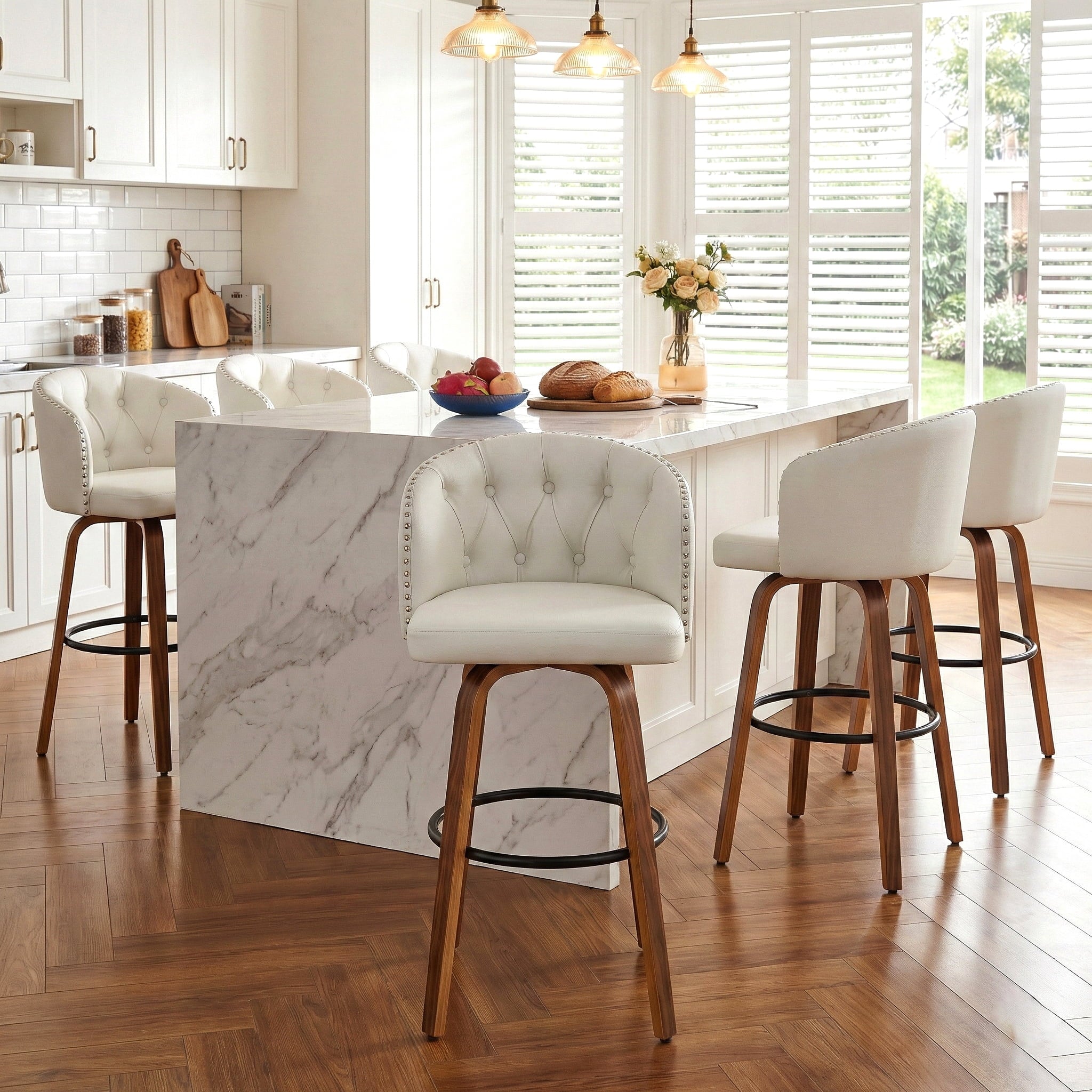 Fahomiss 26" Swivel Counter Height Bar Stools Set of 6, White Leather Farmhouse Kitchen Stools