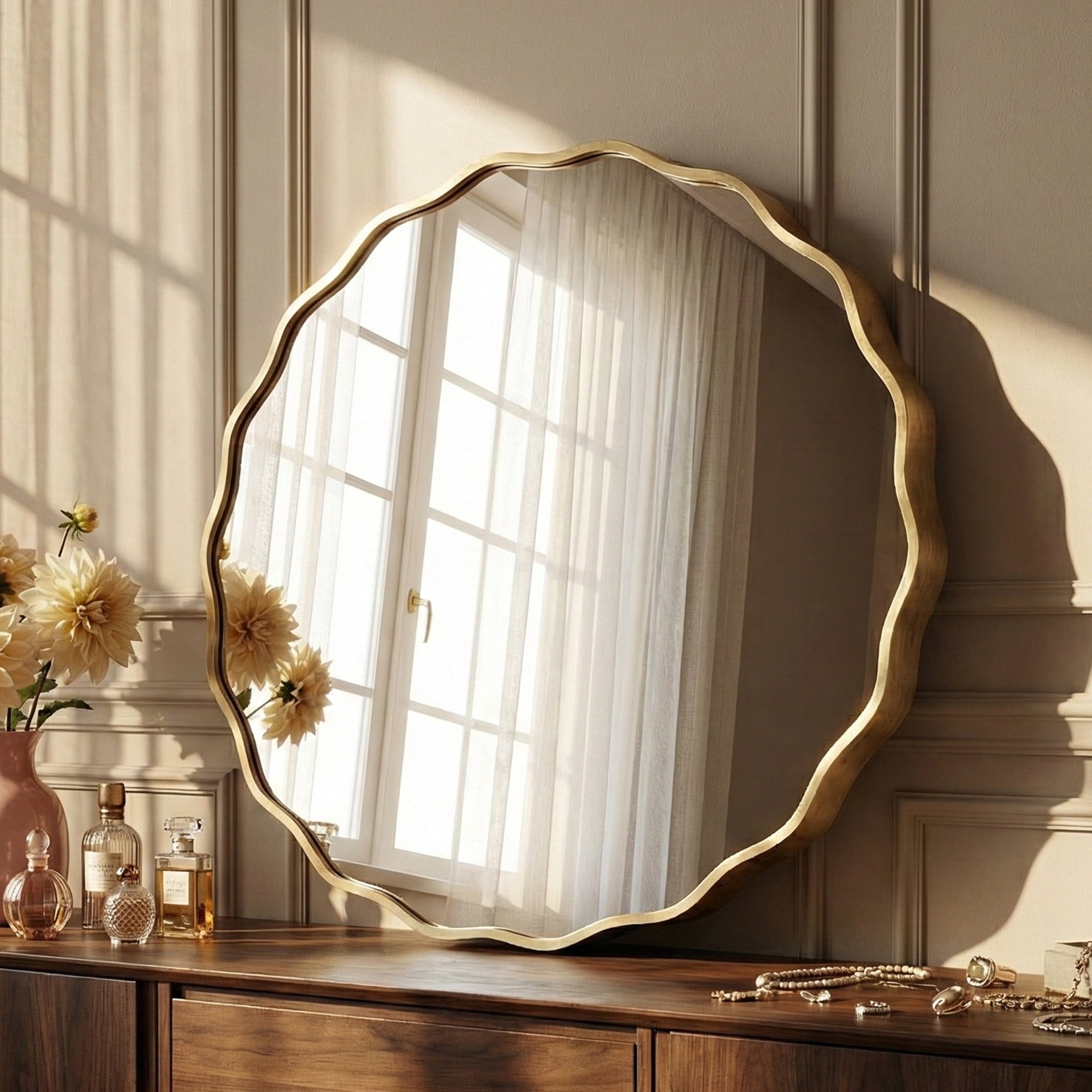 Fahomiss 24" Round Mirror, Gold Wall Mirror with Wavy Frame for Bathroom Vanity