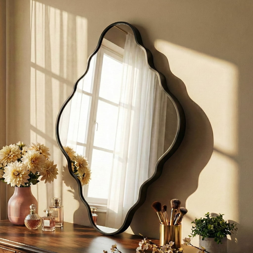Fahomiss 20"x36" Black Scalloped Wall Mirror, Vintage Diamond Bathroom Mirror for Vanity