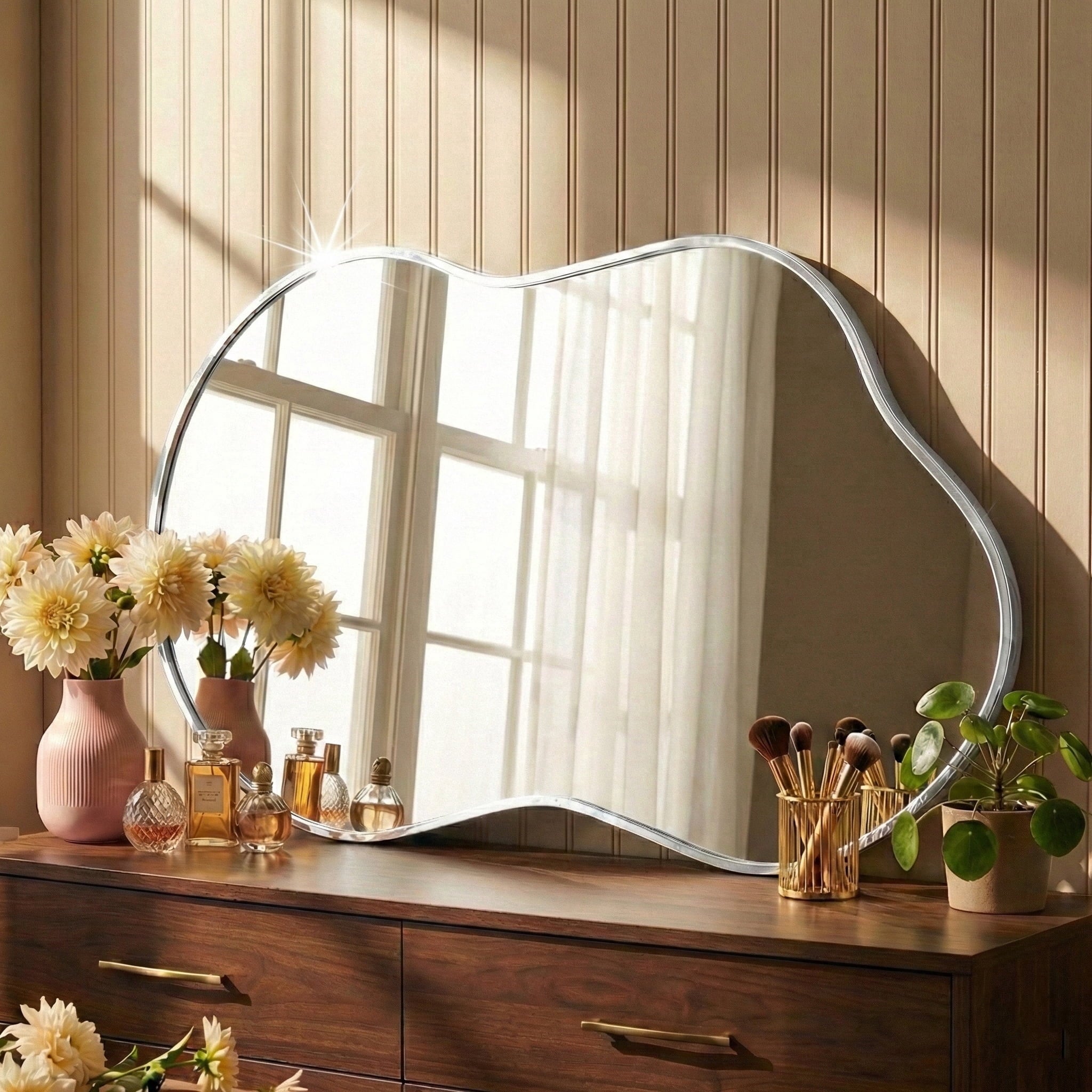 Fahomiss 20"x36" Irregular Wall Mirror, Cloud Shaped Silver Asymmetrical Bathroom Vanity