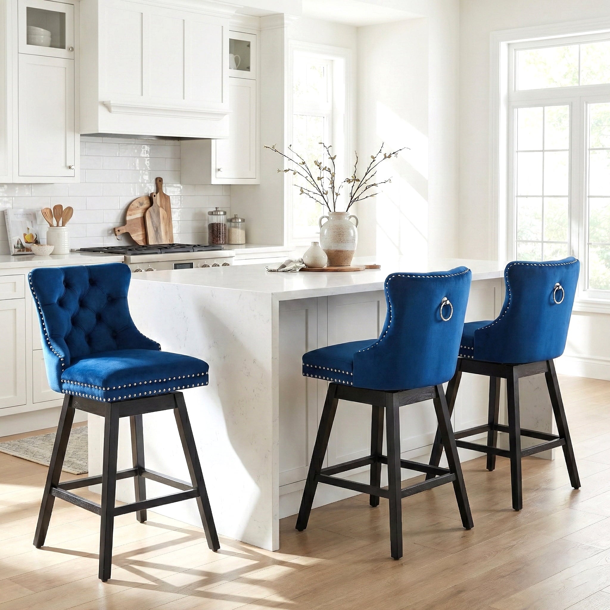 Fahomiss 30" Swivel Bar Stools Set of 3, Blue Velvet Bar Height Chairs with Back for Home Pub