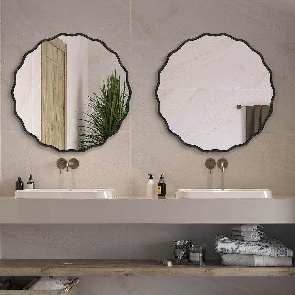 Fahomiss 24" Modern Wavy Round Mirror, Bathroom Wall Decor Mirror with Metal Frame & Hanging Hooks, Wall Mounted Vanity Mirror for Bath, Living Room, Entryway, Black
