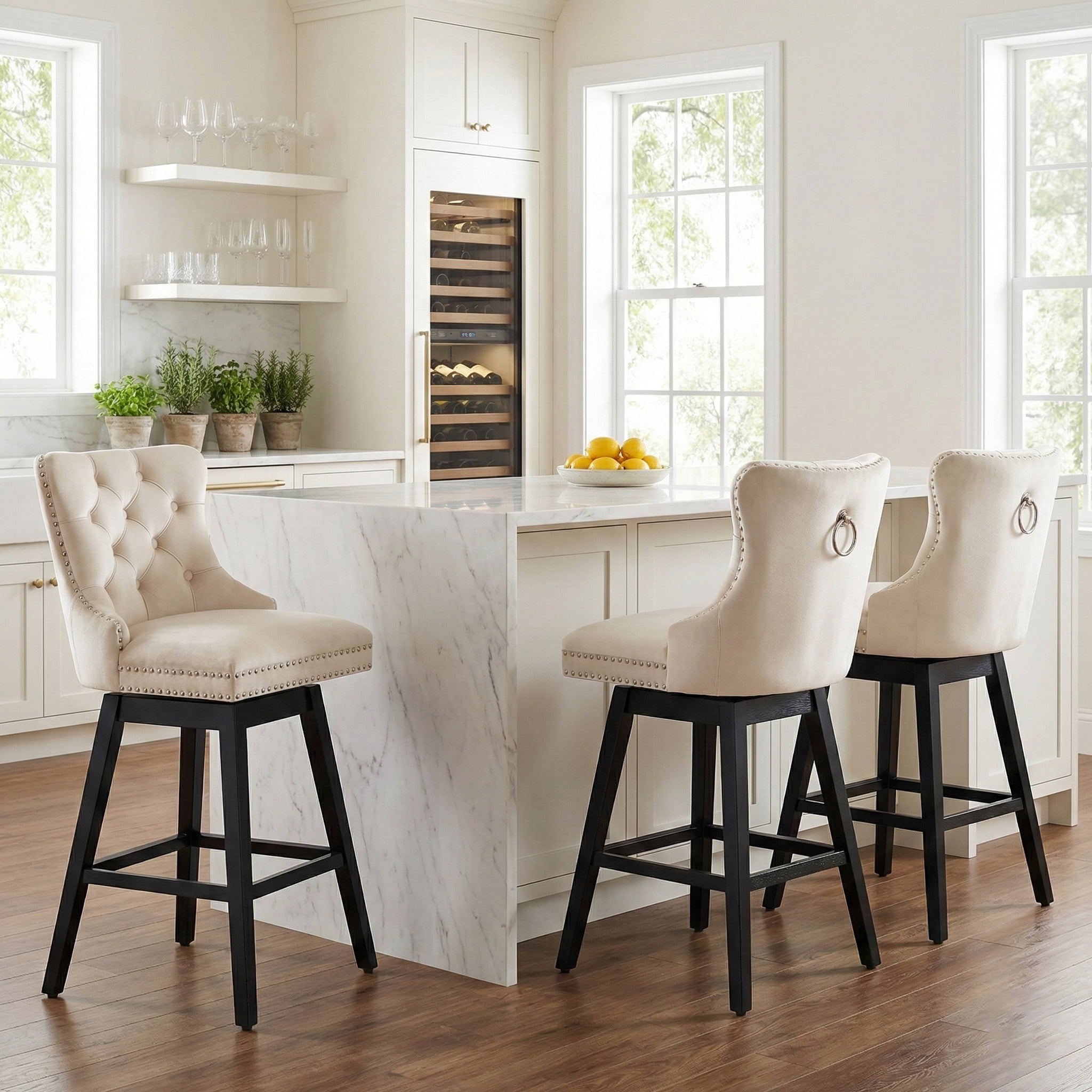 Fahomiss 30" Swivel Bar Stools Set of 3, Beige Velvet Bar Height Chairs with Back for Home Pub