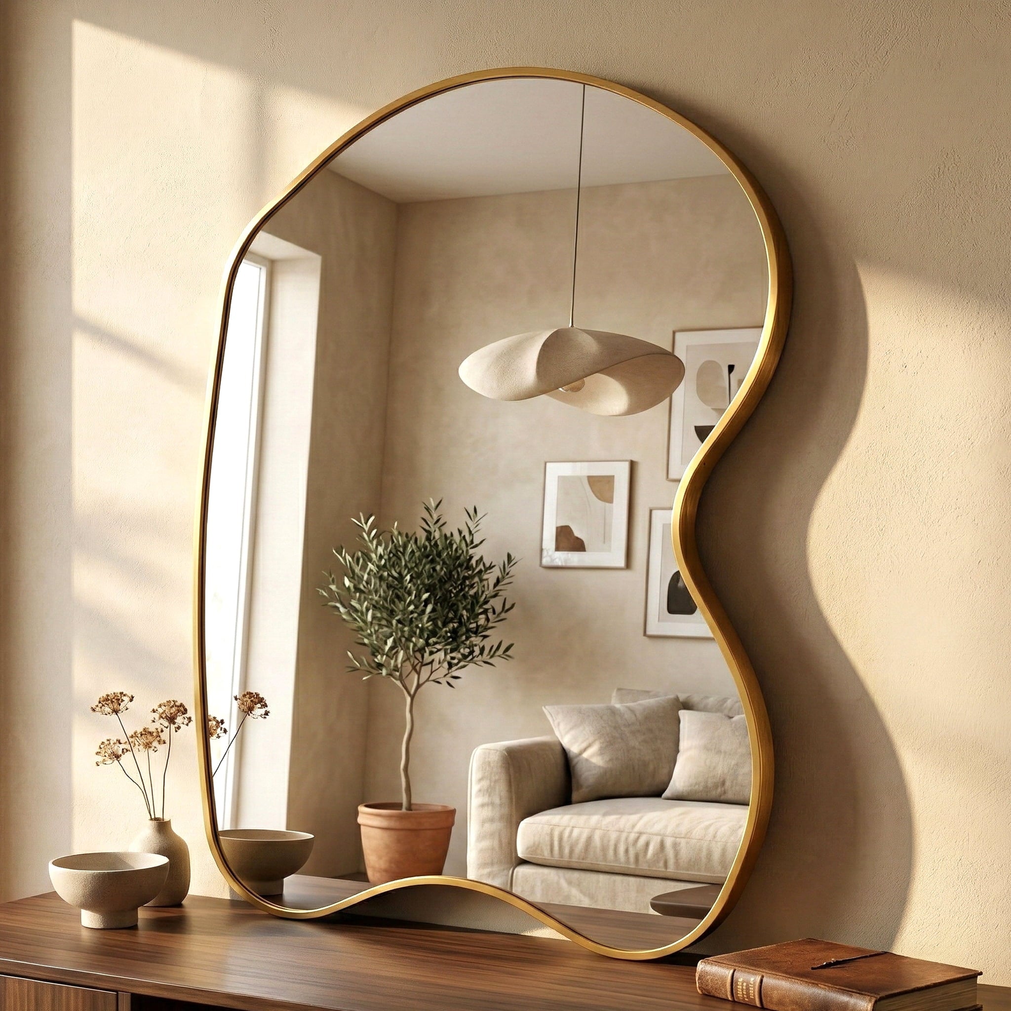 Fahomiss 28"x40" Irregular Wall Mirror, Gold Curved Asymmetrical Bathroom Mirror for Vanity