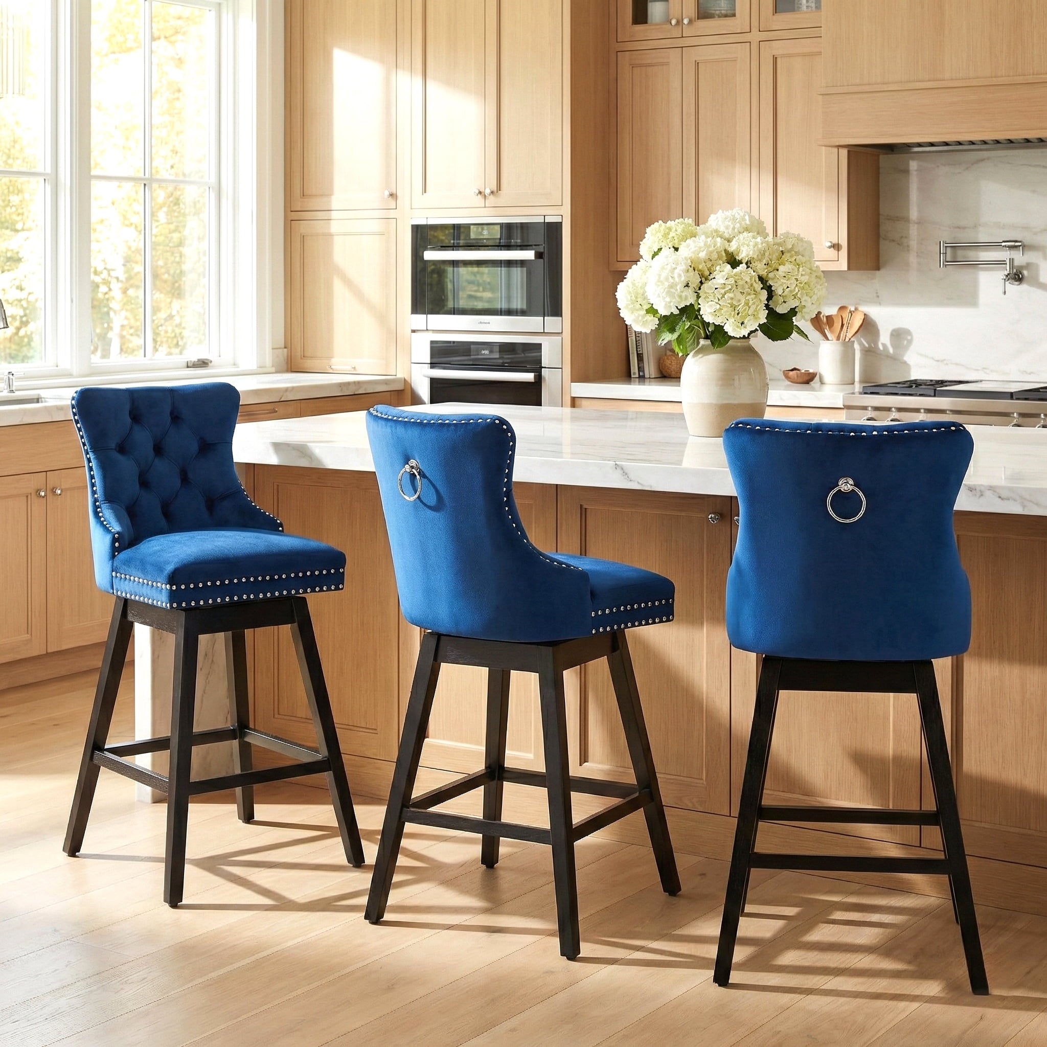 Fahomiss 26" Counter Height Swivel Bar Stools Set of 3, Blue Velvet Kitchen Island Chairs with Back