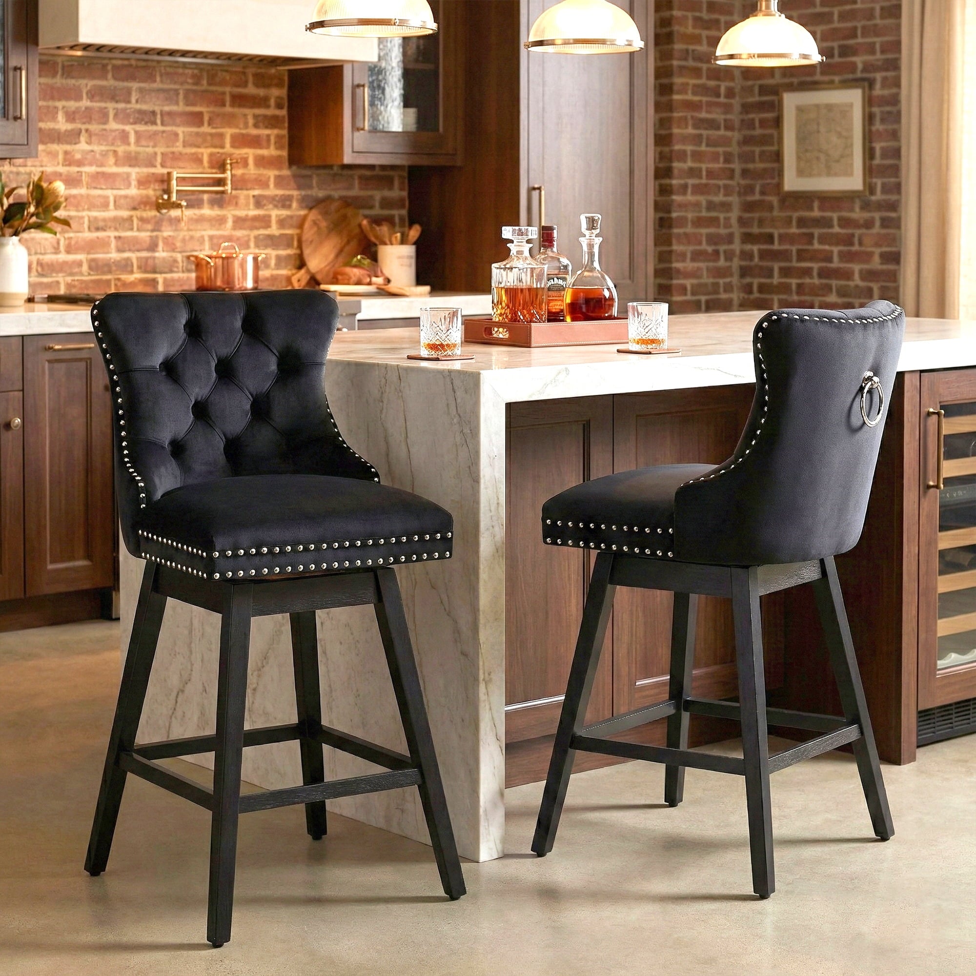 Fahomiss 30" Swivel Bar Stools Set of 2, Black Velvet Bar Height Chairs with Back for Home Pub