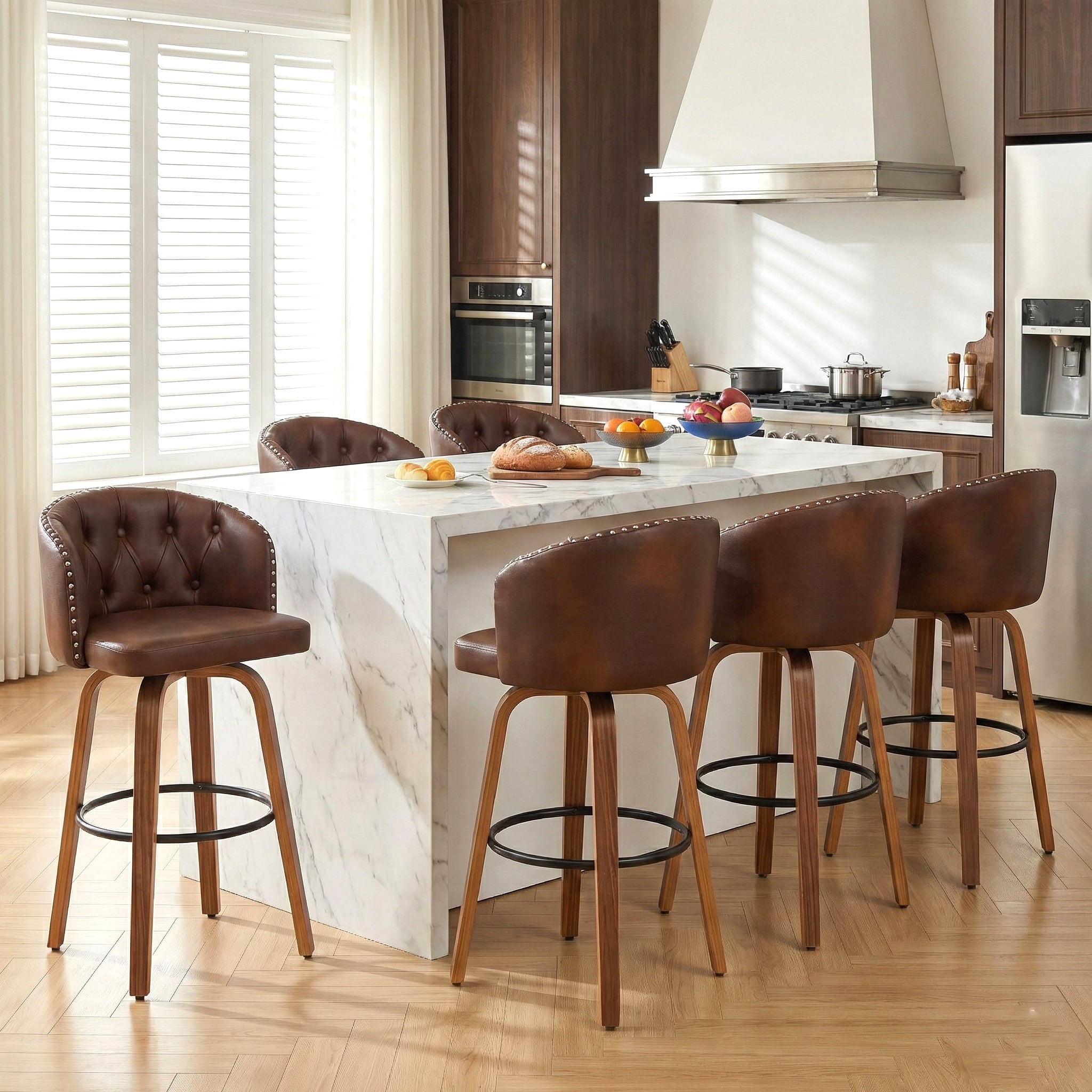 Fahomiss 26" Swivel Counter Height Bar Stools Set of 6, Brown Leather Farmhouse Kitchen Stools