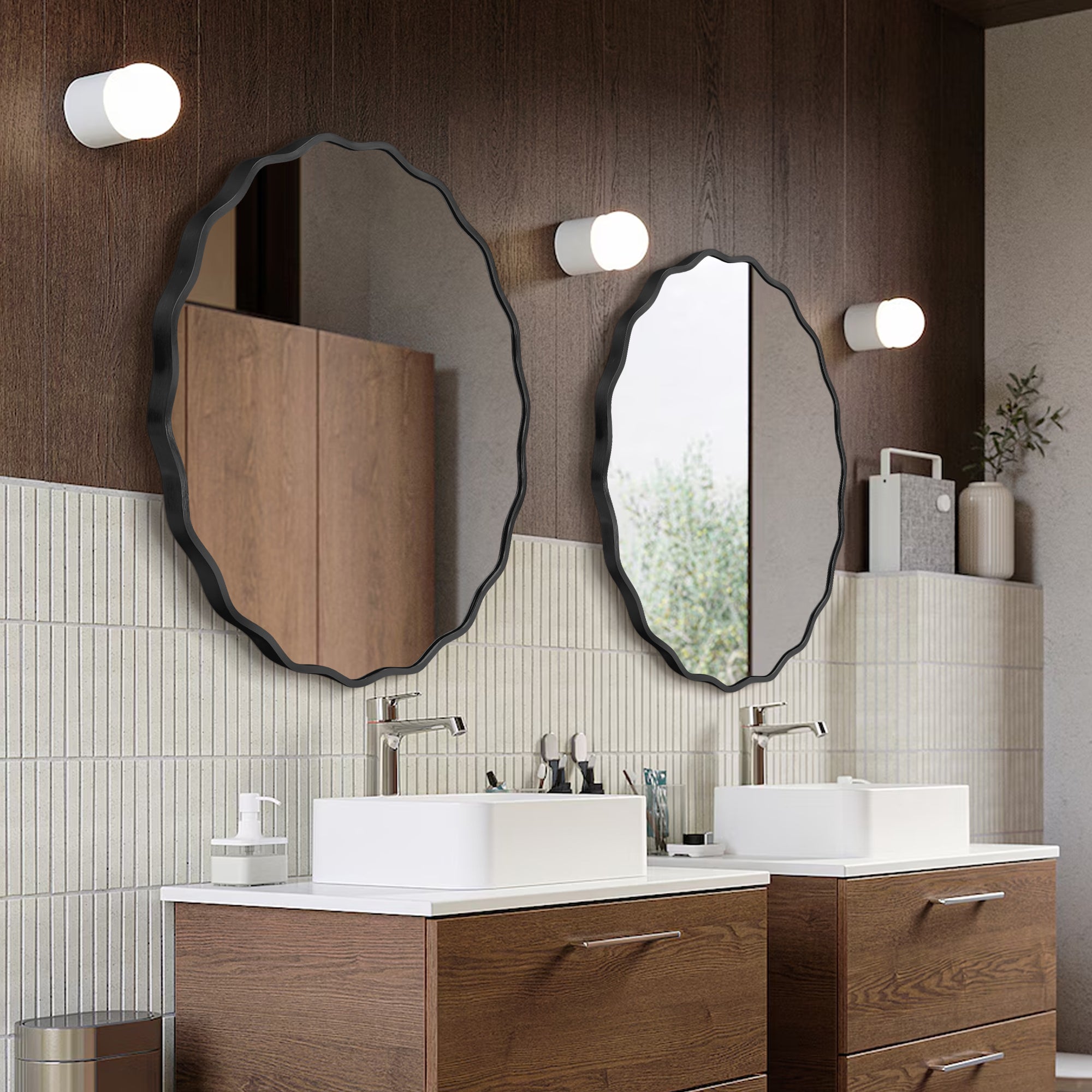 Fahomiss 24" Modern Wavy Round Mirror, Bathroom Wall Decor Mirror with Metal Frame & Hanging Hooks, Wall Mounted Vanity Mirror for Bath, Living Room, Entryway, Black