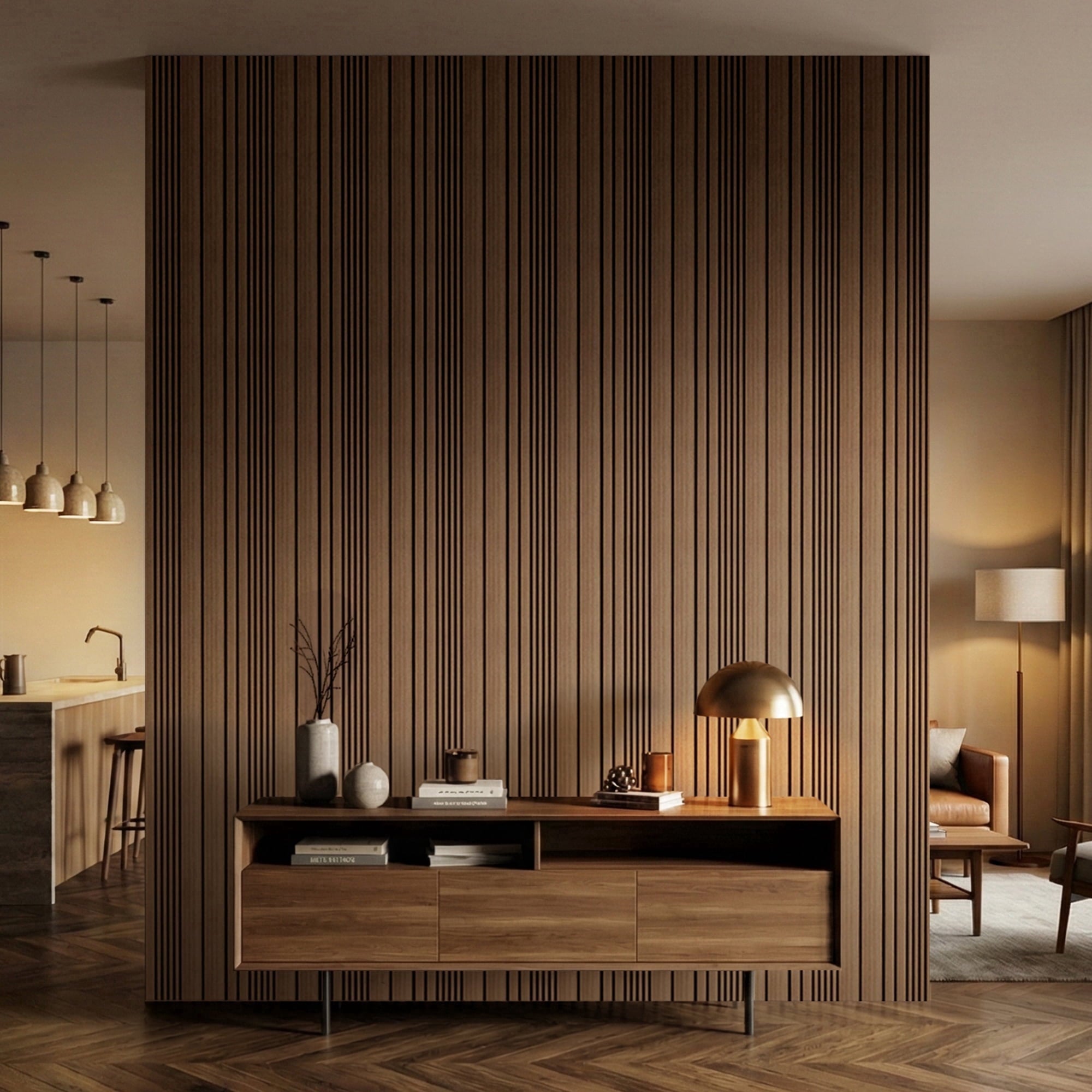 Fahomiss Asymmetric Acoustic Wood Slat Wall Tiles 4-Pack 24"x24", Walnut 3D Linear Panels