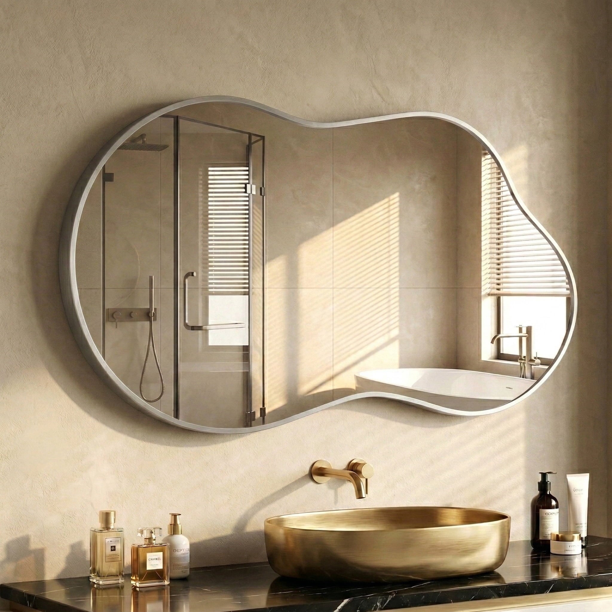 Fahomiss 24"x36" Irregular Wall Mirror, Cloud Shaped Silver Asymmetrical Bathroom Vanity