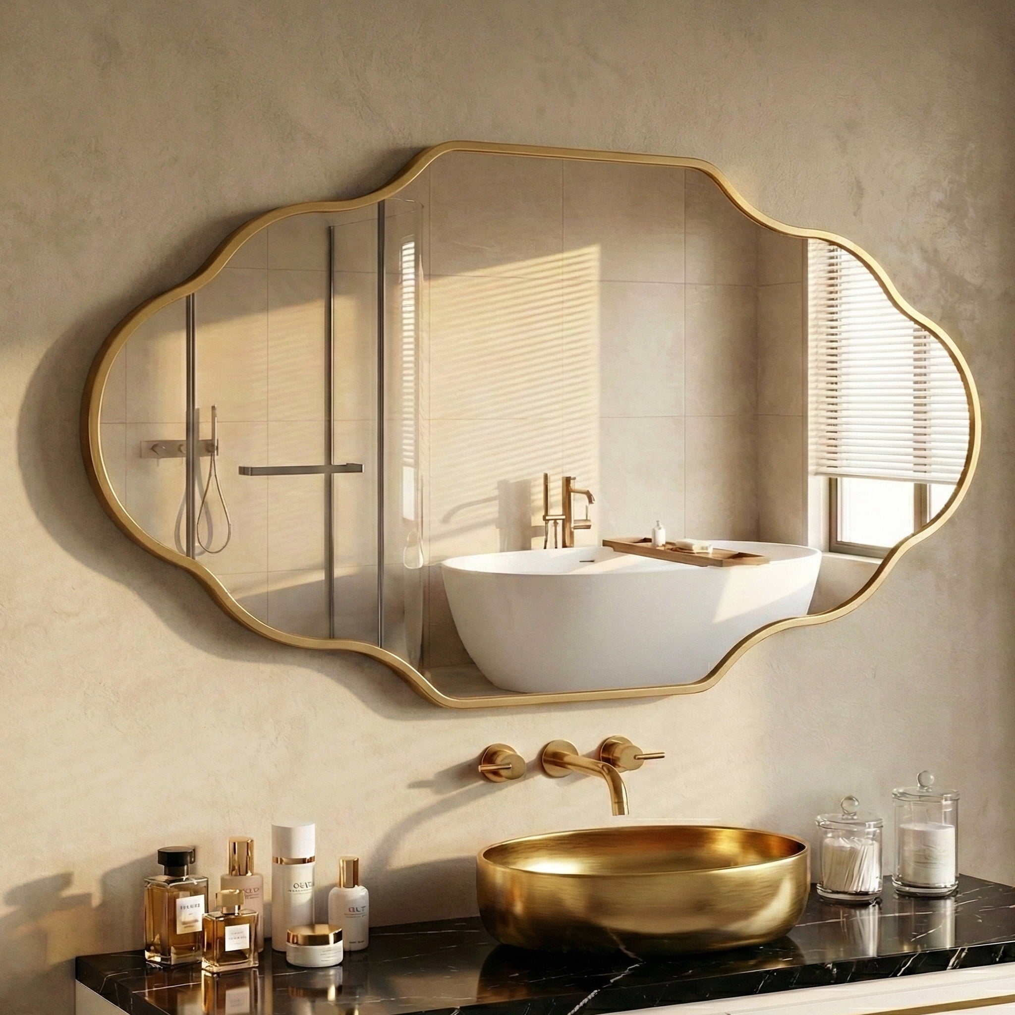 Fahomiss 24"x36" Scalloped Wall Mirror, Gold Antique Bathroom Vanity Decor