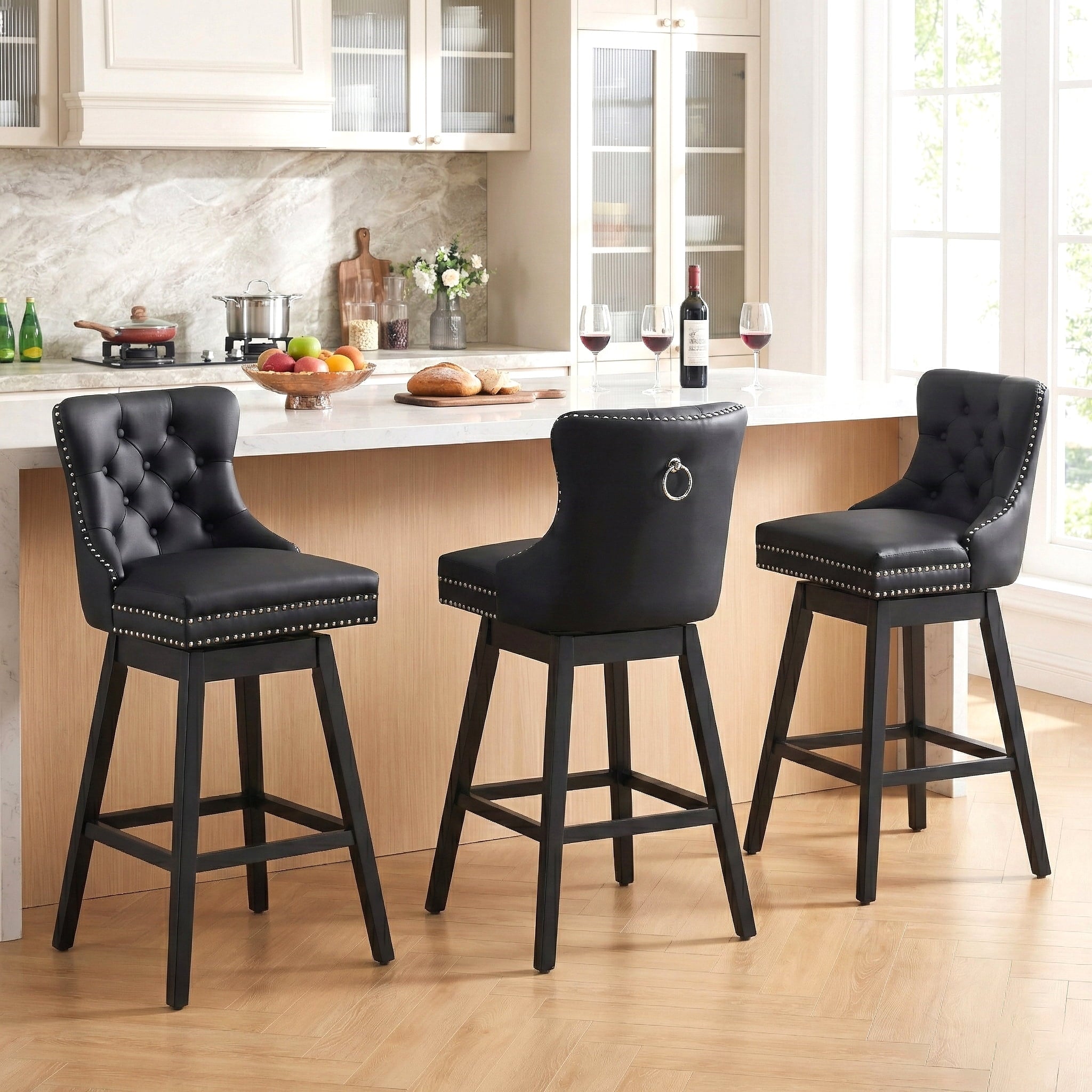 Fahomiss Swivel Bar Stools Set of 3, 30" Bar Height Faux Leather Chairs with Back for Home Bar, Black