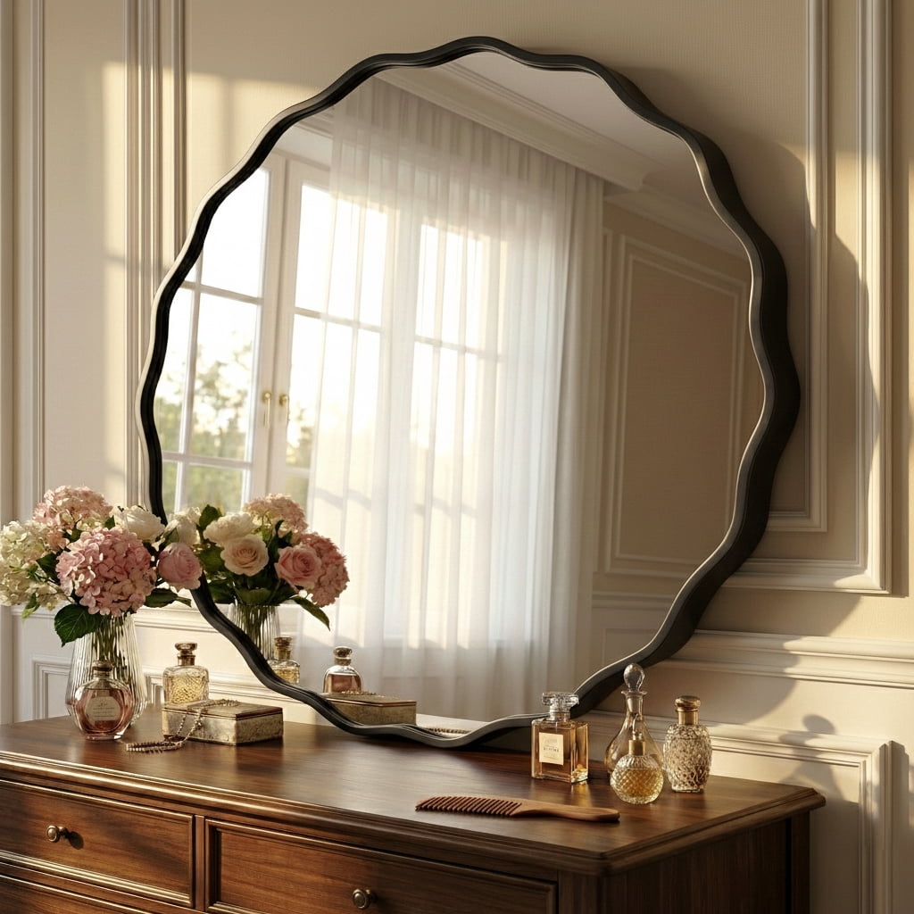 Fahomiss 32" Large Round Mirror, Black Wall Mirror with Wavy Frame for Bathroom Vanity