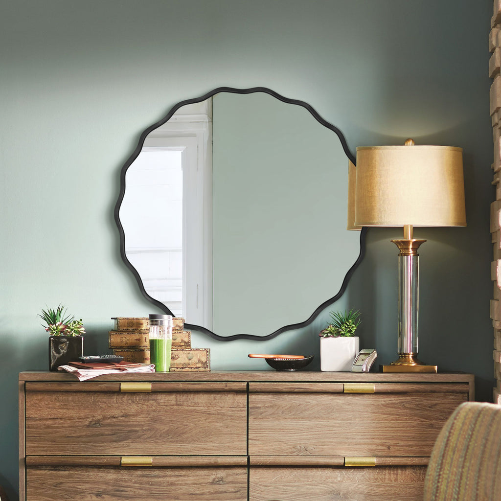 Fahomiss 24" Modern Wavy Round Mirror, Bathroom Wall Decor Mirror with Metal Frame & Hanging Hooks, Wall Mounted Vanity Mirror for Bath, Living Room, Entryway, Black