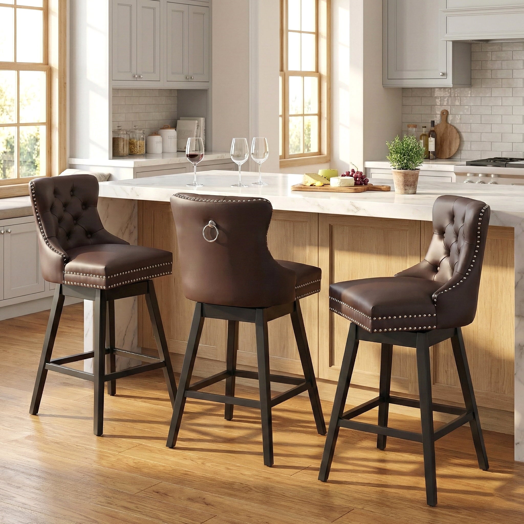 Fahomiss Swivel Bar Stools Counter Height Set of 3, 26" Faux Leather Kitchen Island Chairs with Back, Brown