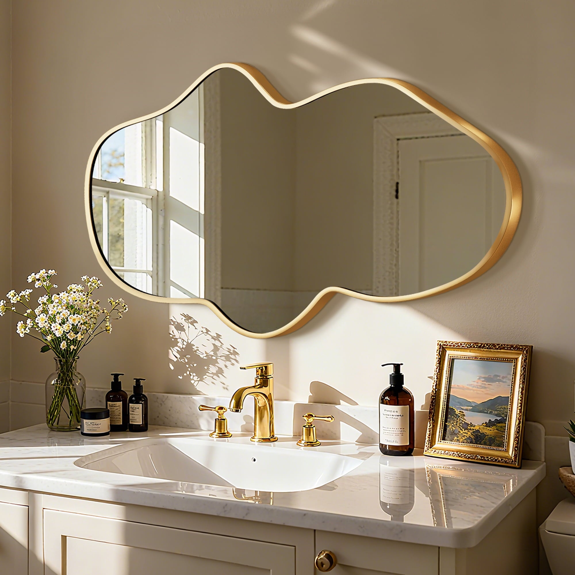 Fahomiss 24"x40" Irregular Wall Mirror, Gold Fluid Asymmetrical Mirror for Bathroom Vanity