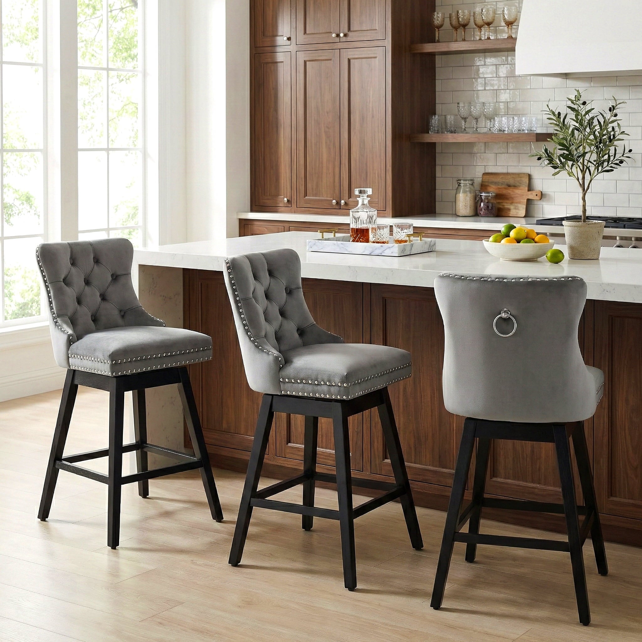 Fahomiss 26" Counter Height Swivel Bar Stools Set of 3, Gray Velvet Kitchen Island Chairs with Back