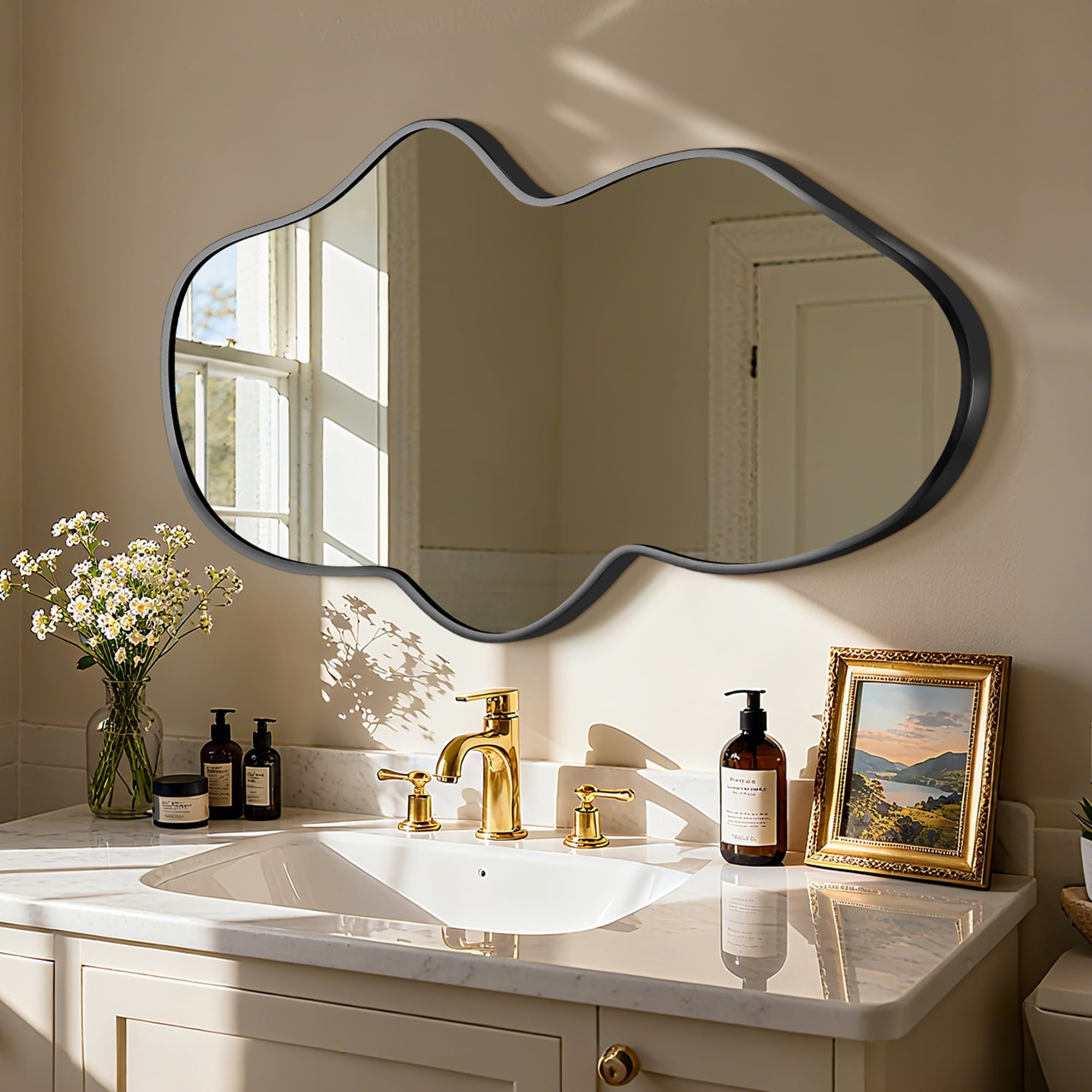 Fahomiss 24"x40" Irregular Wall Mirror, Black Fluid Asymmetrical Mirror for Bathroom Vanity