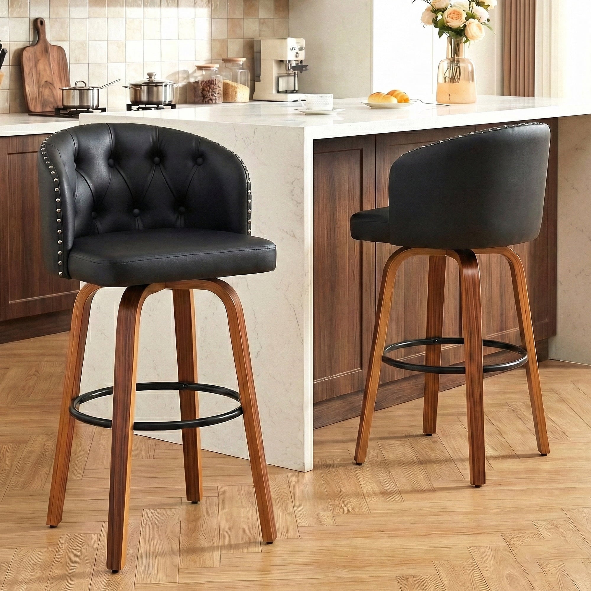 Fahomiss 28" Swivel Bar Height Bar Stools with Back Set of 2, Black Leather Farmhouse Stools