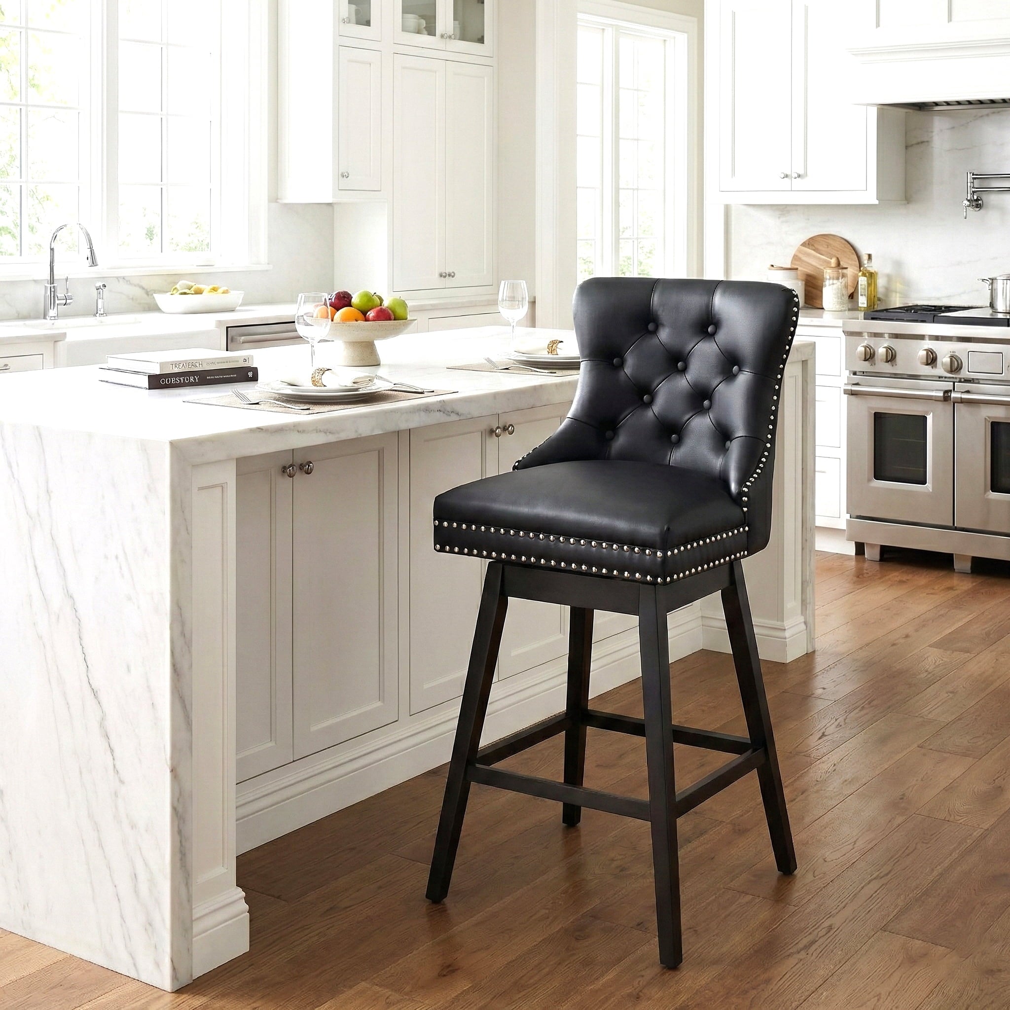 Fahomiss Swivel Bar Stools Counter Height, 26" Faux Leather Kitchen Island Chairs with Back, Black