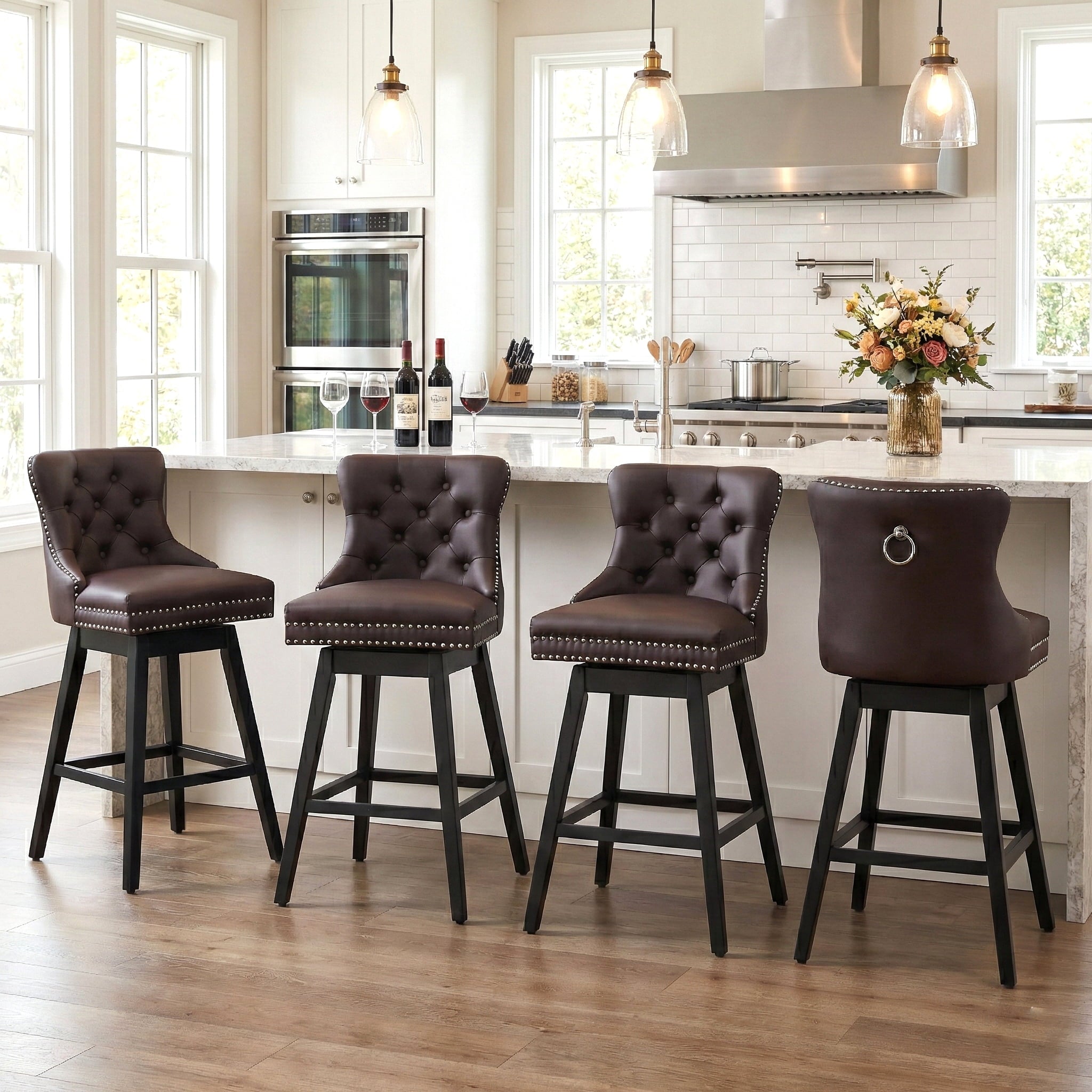 Fahomiss Swivel Bar Stools Set of 4, 30" Bar Height Faux Leather Chairs with Back for Home Bar, Brown