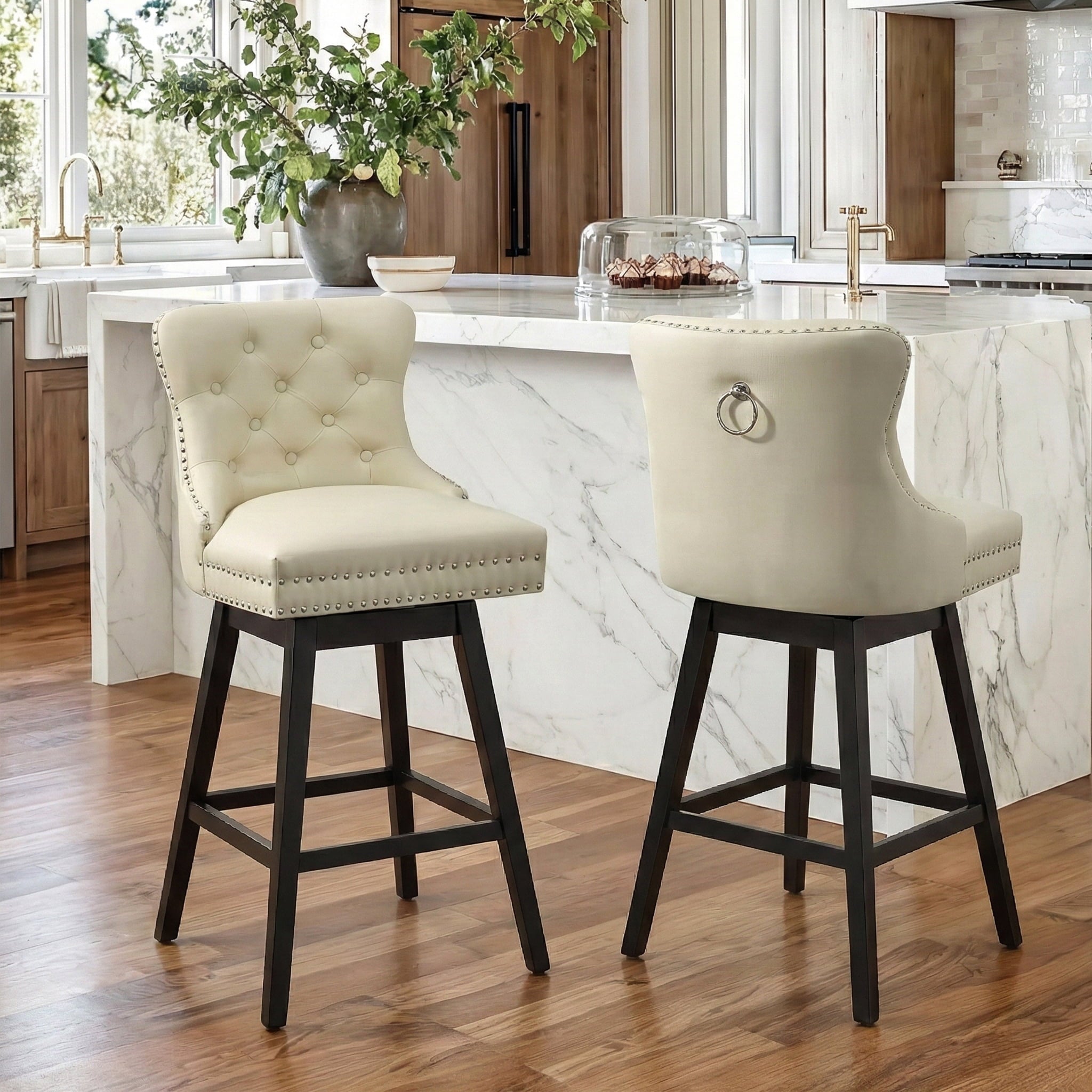 Fahomiss Swivel Bar Stools Counter Height Set of 2, 26" Faux Leather Kitchen Island Chairs with Back, Beige