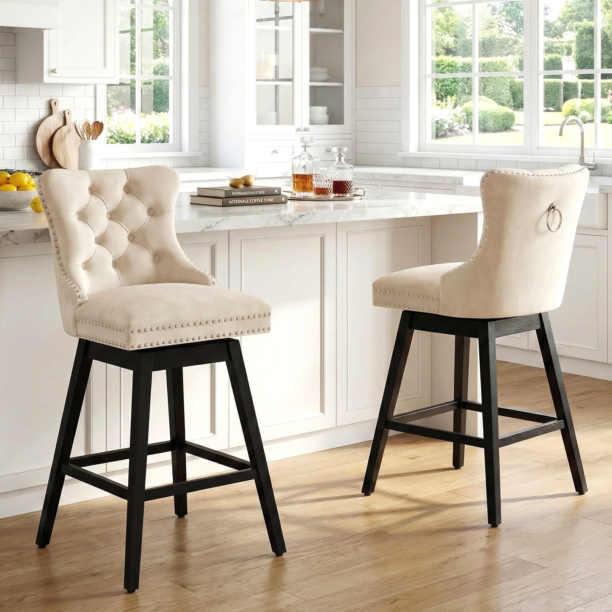 Fahomiss 30" Swivel Bar Stools Set of 2, Beige Velvet Bar Height Chairs with Back for Home Pub