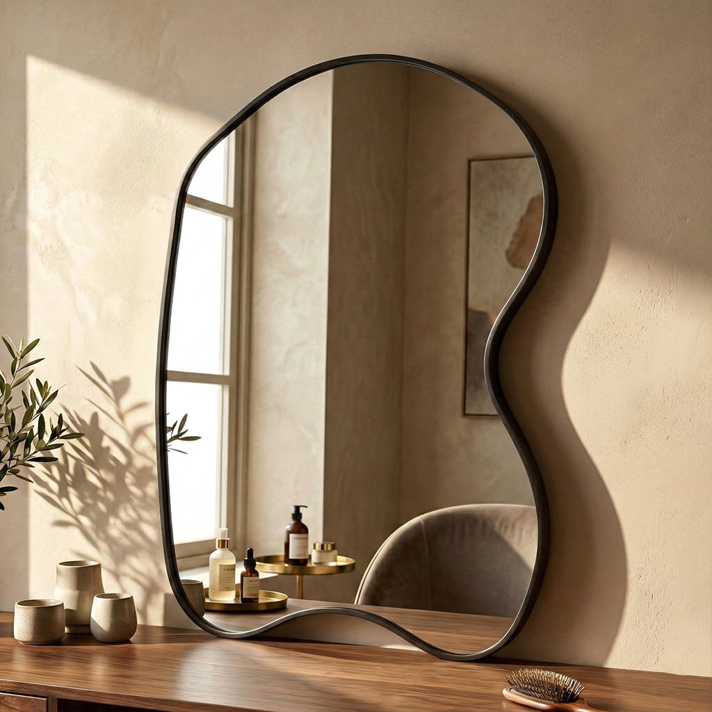 Fahomiss 20"x32" Irregular Wall Mirror, Black Curved Asymmetrical Bathroom Mirror for Vanity