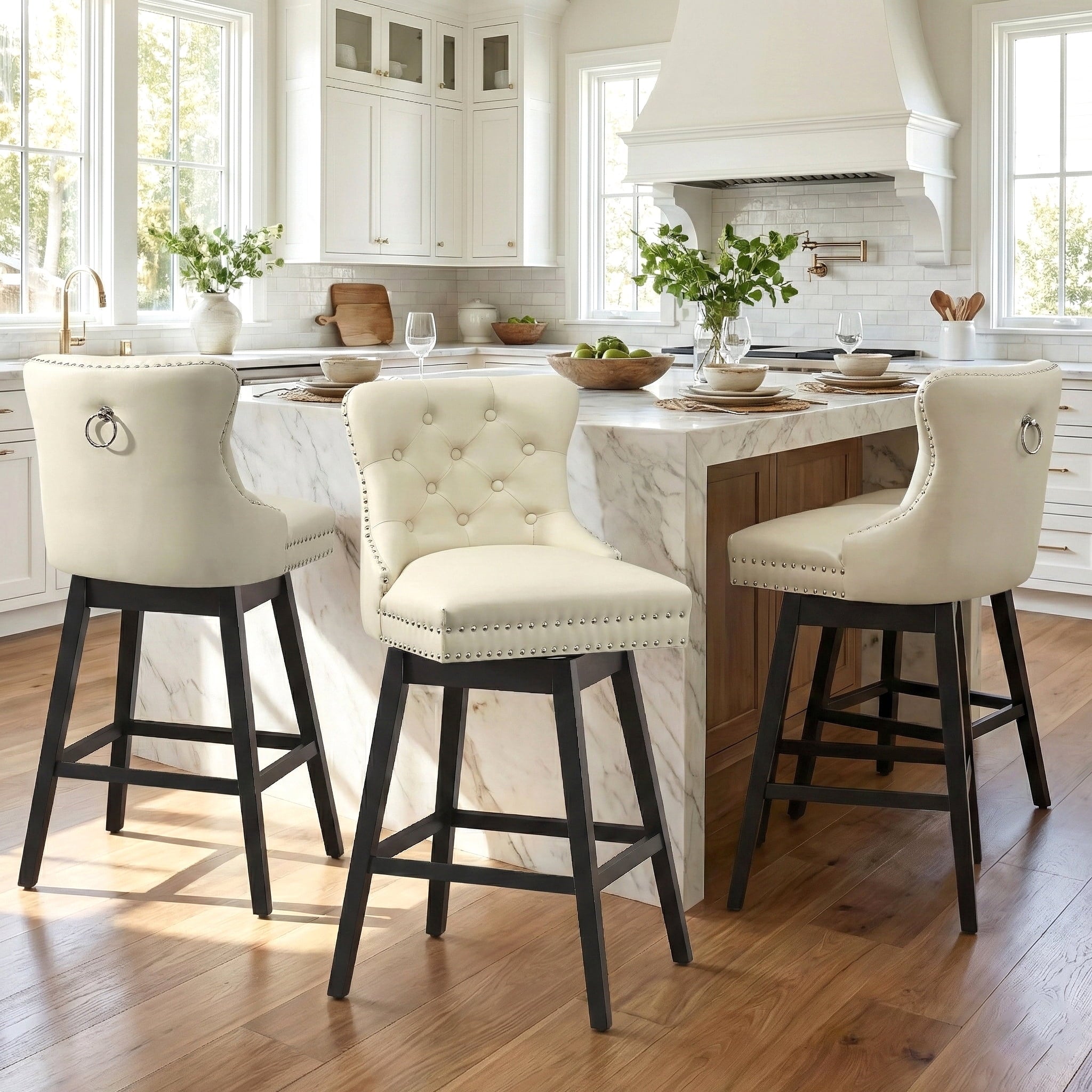 Fahomiss Swivel Bar Stools Counter Height Set of 3, 26" Faux Leather Kitchen Island Chairs with Back, Beige