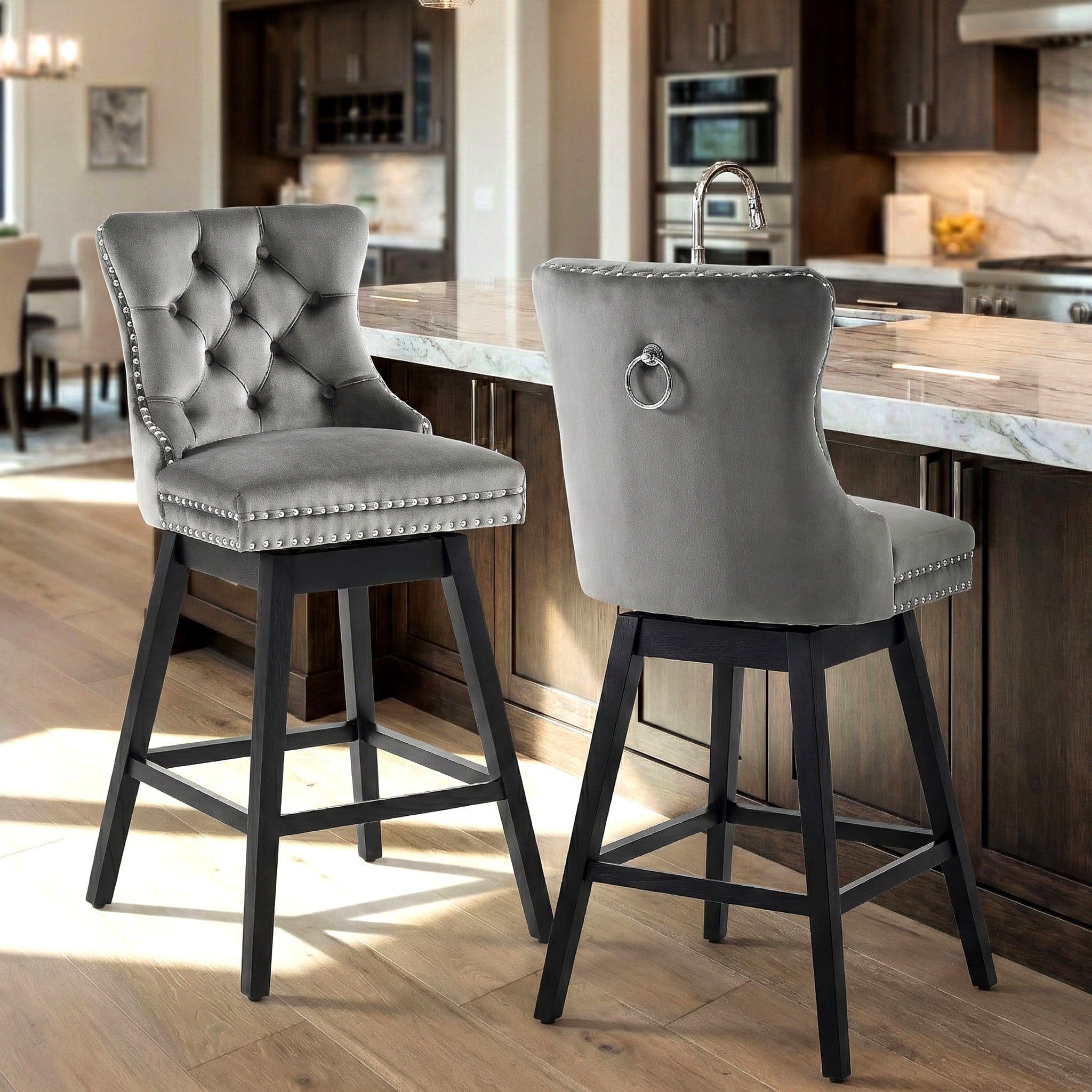 Fahomiss 30" Swivel Bar Stools Set of 2, Gray Velvet Bar Height Chairs with Back for Home Pub