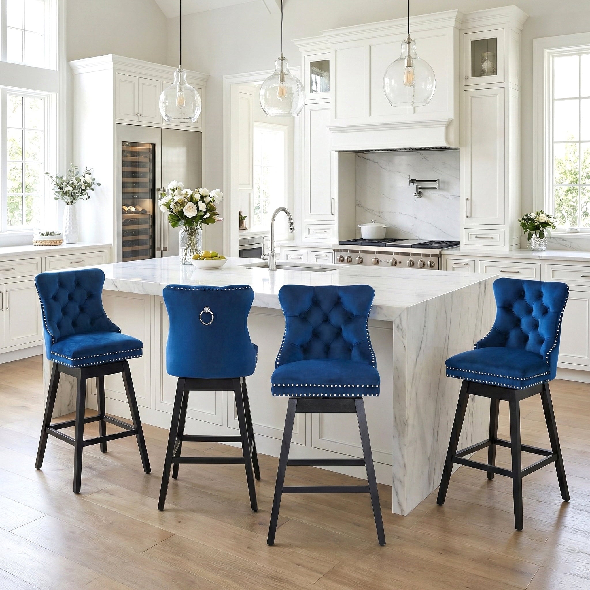 Fahomiss 30" Swivel Bar Stools Set of 4, Blue Velvet Bar Height Chairs with Back for Home Pub