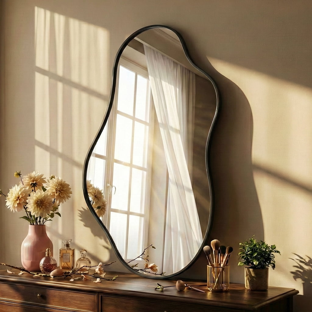 Fahomiss 20"x36" Irregular Wall Mirror, Black Asymmetrical Teardrop Bathroom Mirror for Vanity